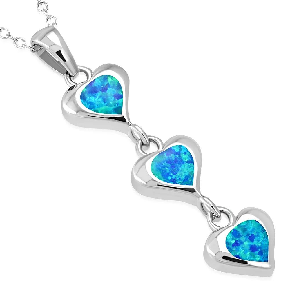 925 Sterling Silver Blue Simulated Opal Triple Heart Love Pendant Necklace