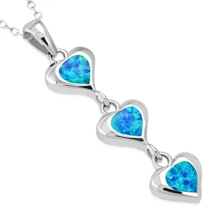 925 Sterling Silver Blue Simulated Opal Triple Heart Love Pendant Necklace