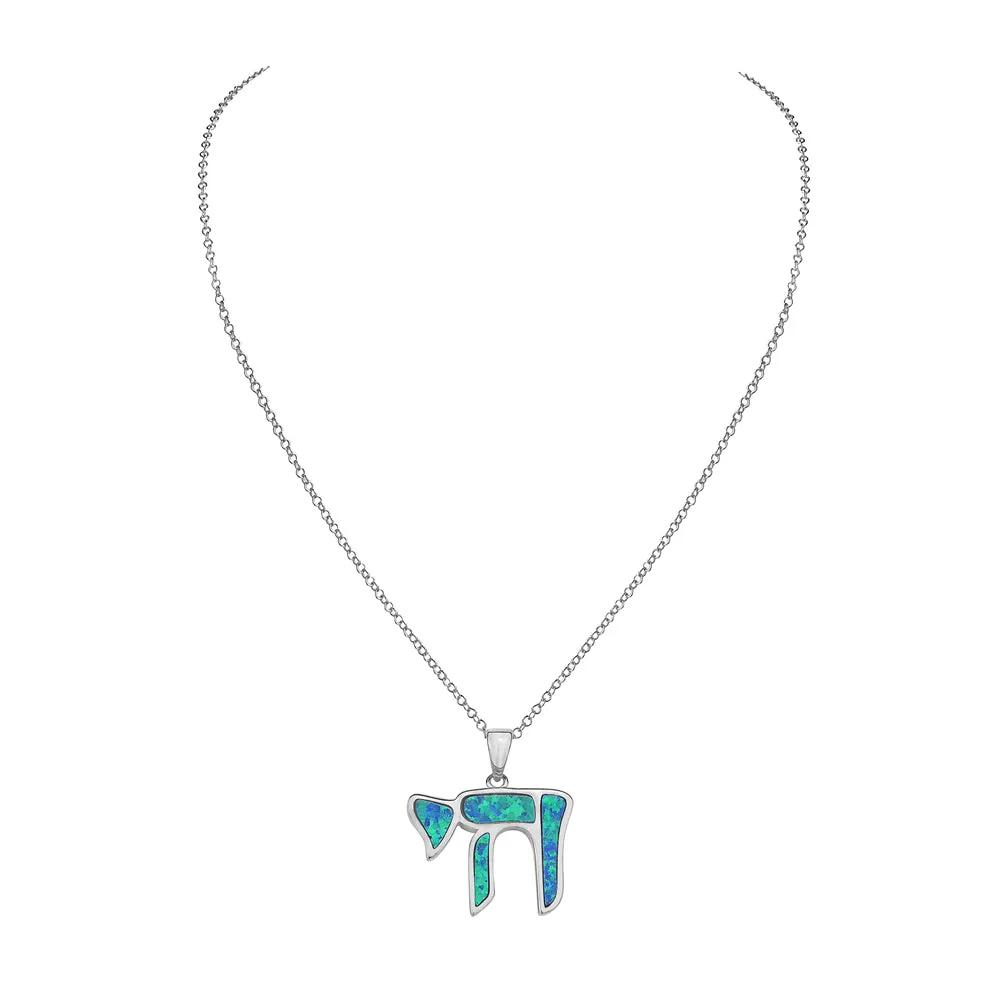 925 Sterling Silver Blue Simulated Opal Turquoise-Tone Jewish Chai Living Charm Pendant Necklace