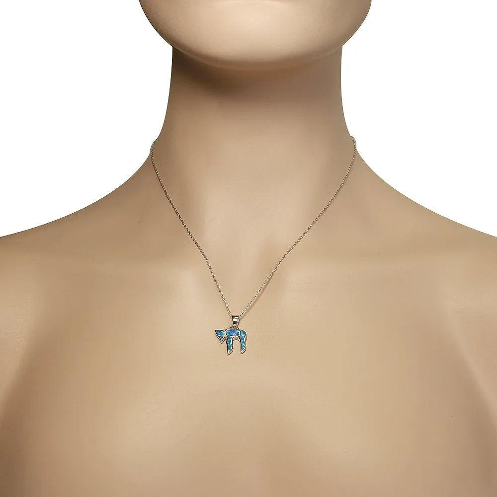 925 Sterling Silver Blue Simulated Opal Turquoise-Tone Jewish Chai Living Charm Pendant Necklace