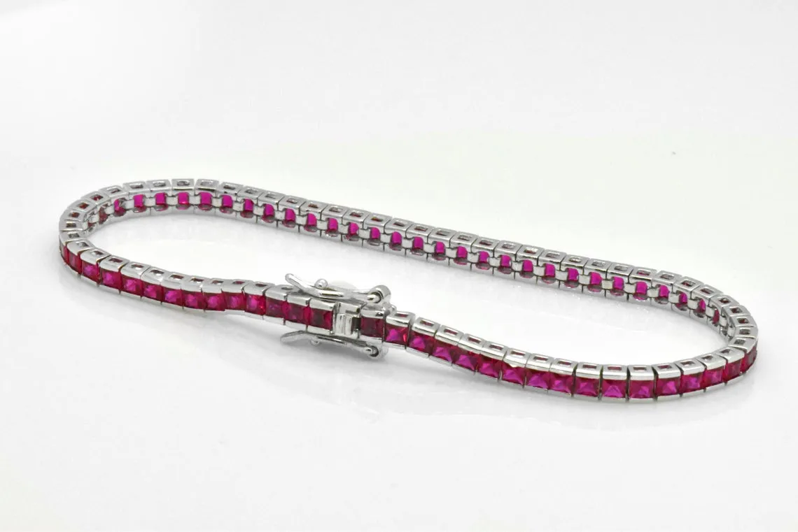 925 Sterling Silver Created Red Ruby Princess Cut Tennis Bracelet