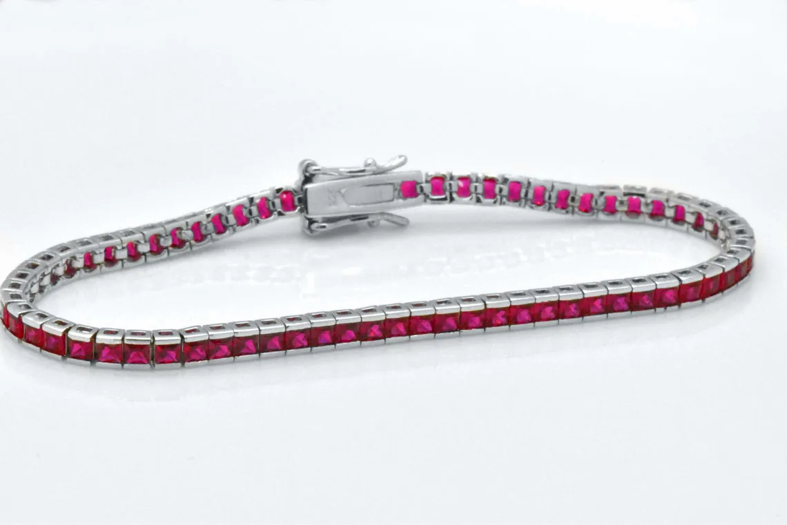 925 Sterling Silver Created Red Ruby Princess Cut Tennis Bracelet