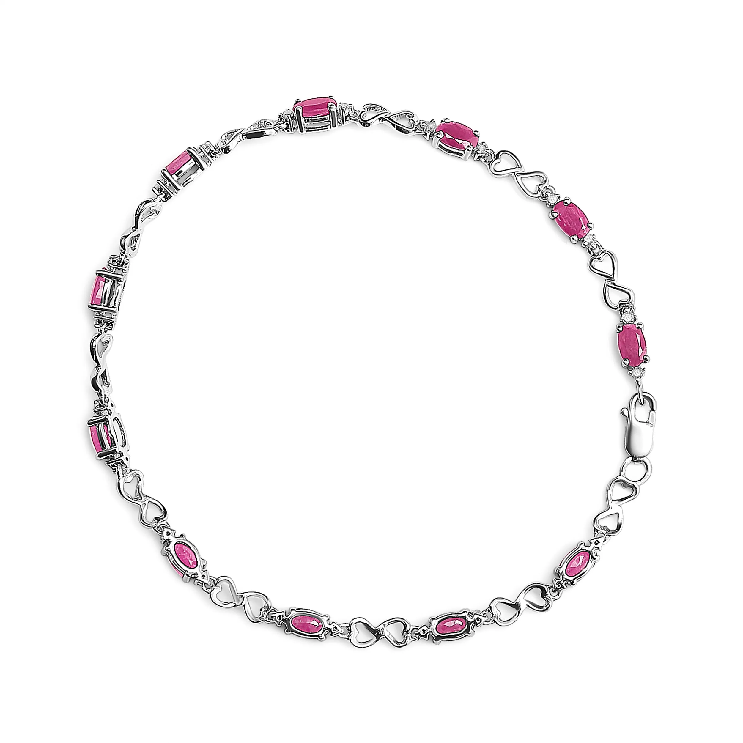 .925 Sterling Silver Pink Oval Shaped Ruby and 1/4 Cttw Diamond 7.25" Link Bracelet