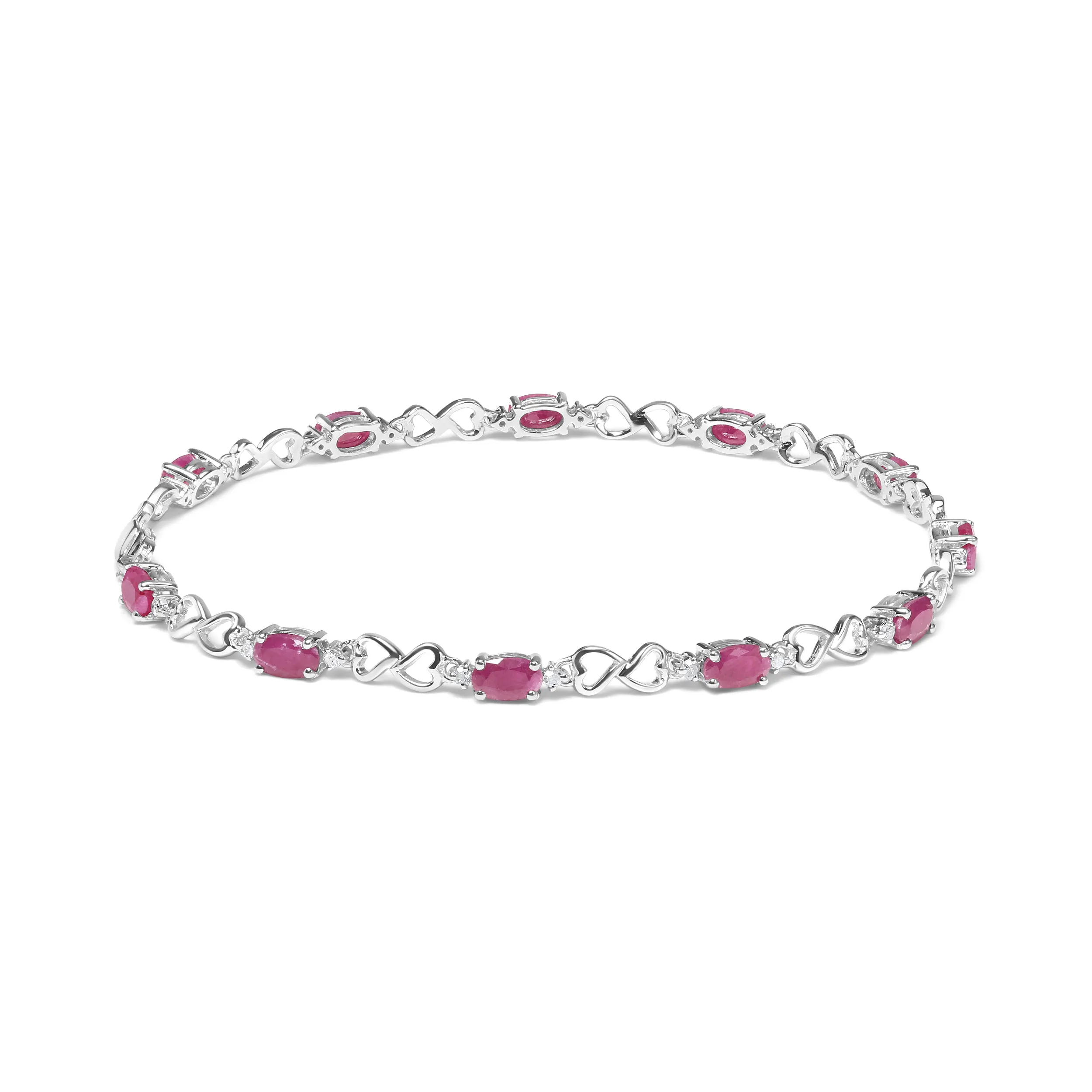 .925 Sterling Silver Pink Oval Shaped Ruby and 1/4 Cttw Diamond 7.25" Link Bracelet
