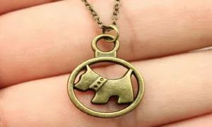 Antique Bronze Color Double Sided Cute Dog Round Tag Pendant Necklace