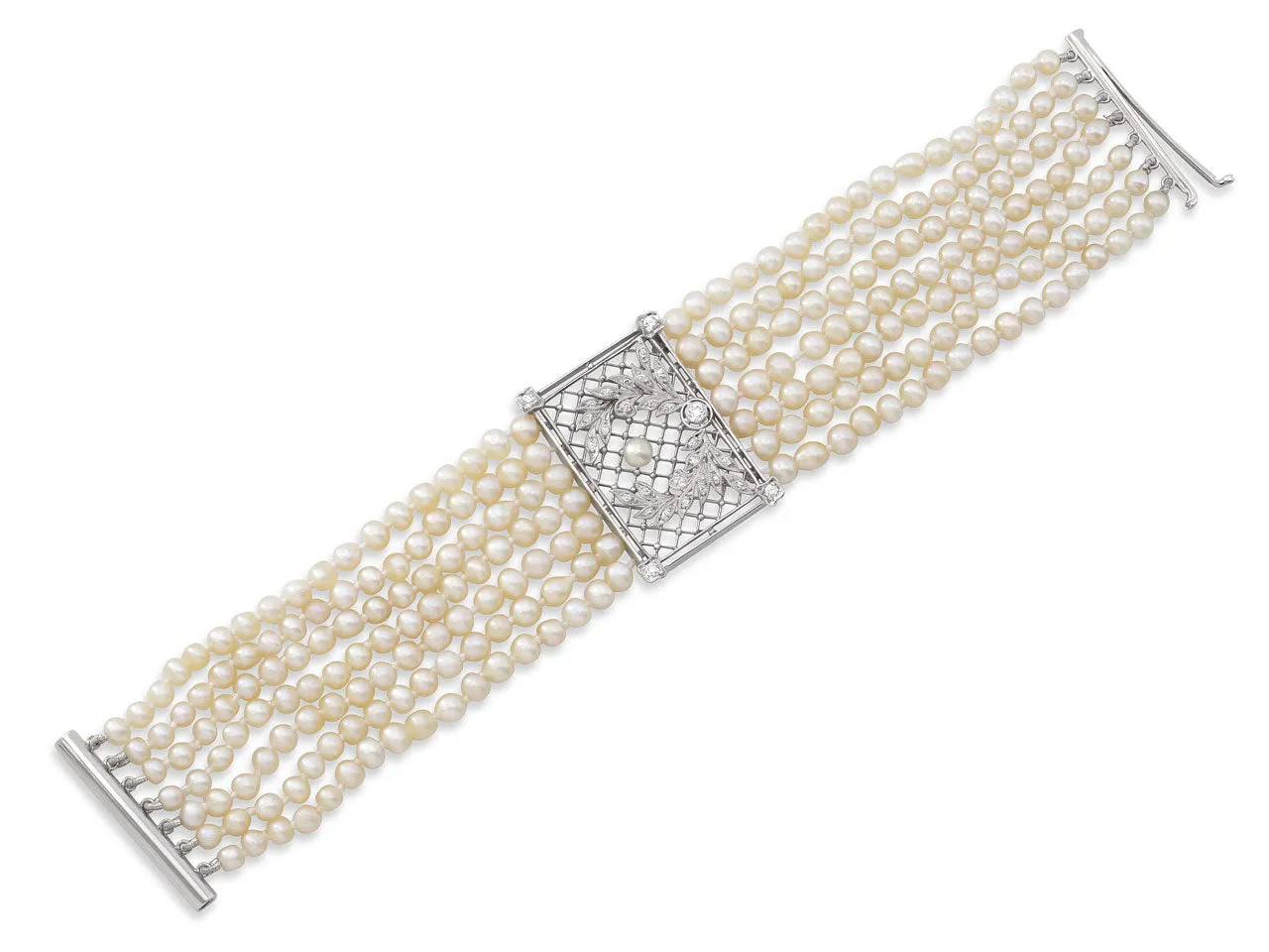 Antique Edwardian Natural and Cultured Pearl and Diamond Bracelet in Platinum and Gold
