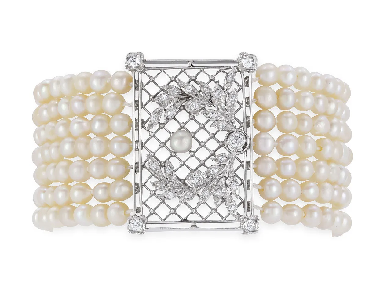 Antique Edwardian Natural and Cultured Pearl and Diamond Bracelet in Platinum and Gold