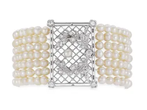 Antique Edwardian Natural and Cultured Pearl and Diamond Bracelet in Platinum and Gold
