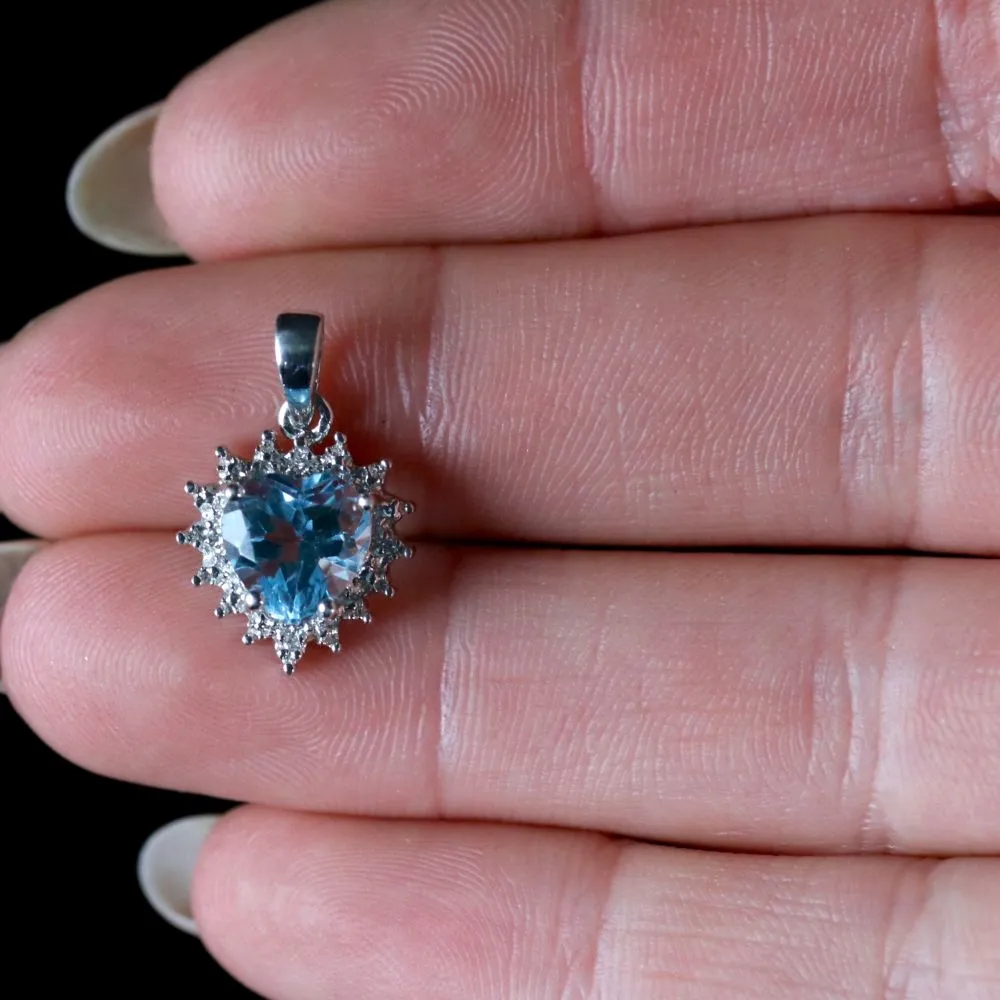 Aquamarine Diamond Heart Pendant Silver Pendant