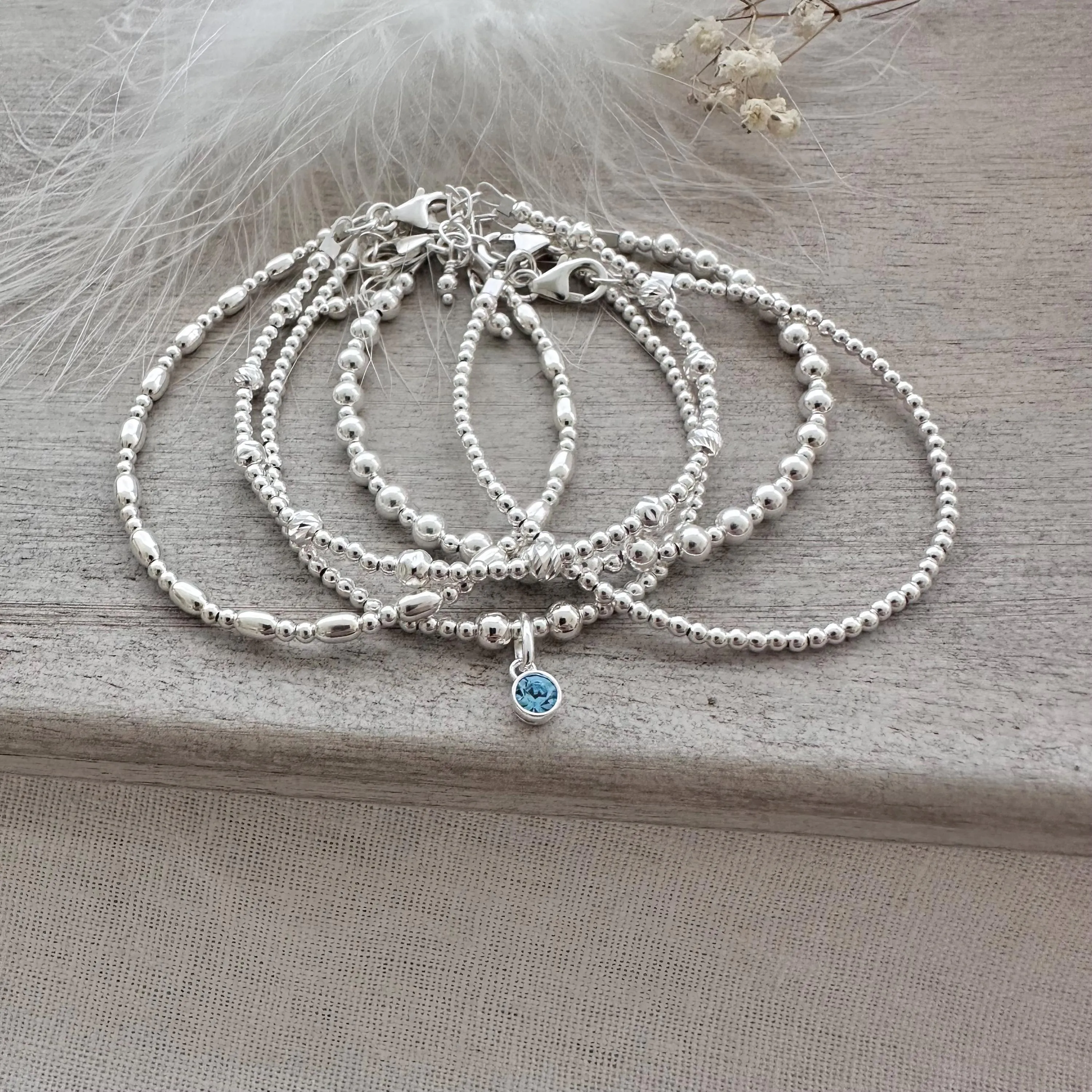 Birthstone Bracelets Stack Set in Sterling Silver, 5 Layering Bracelet Set Birthday gift for daughter