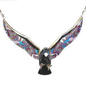 Black Jet Eagle with Multi Gem Opal Micro Inlay Wings Handmade 925 Sterling Silver Necklace