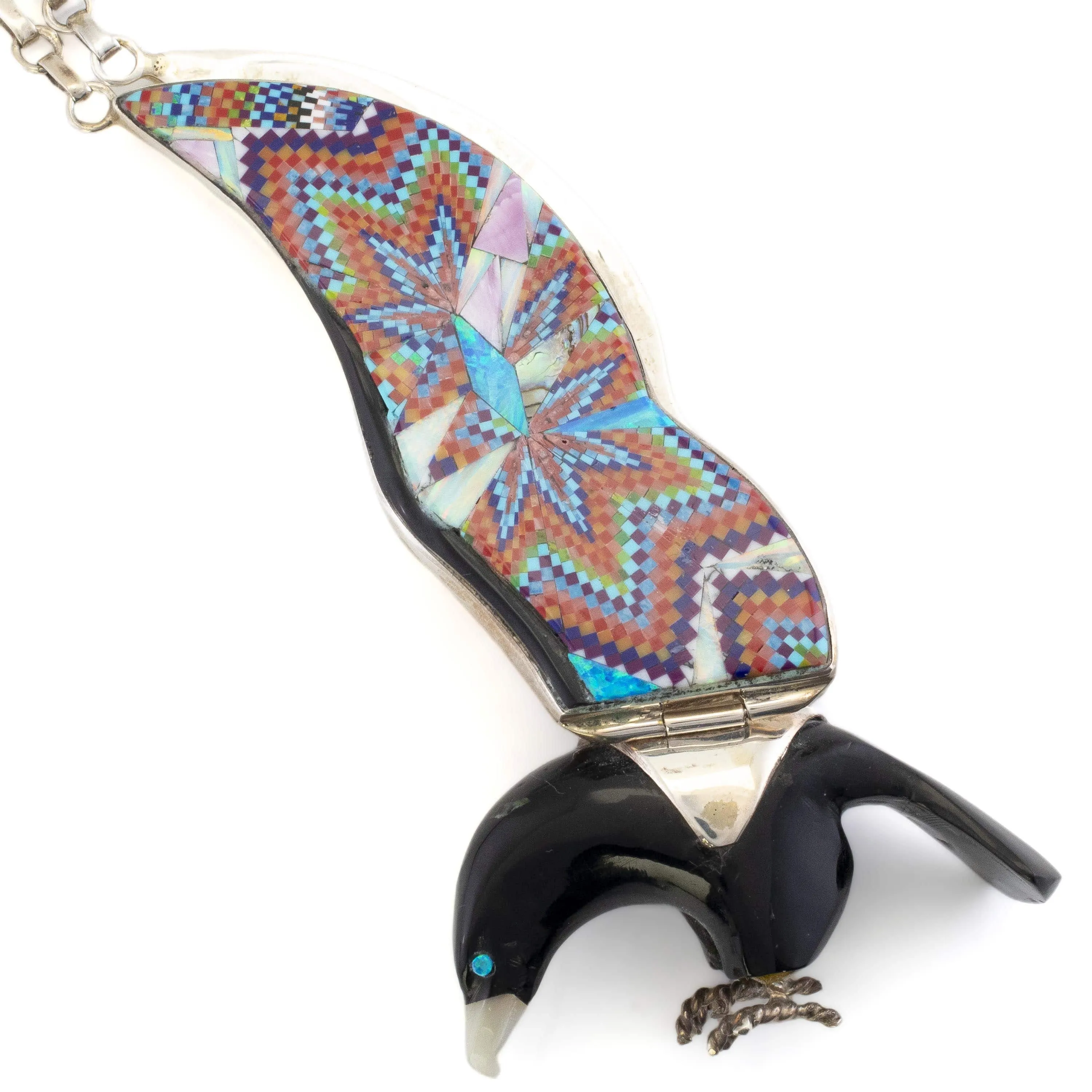 Black Jet Eagle with Multi Gem Opal Micro Inlay Wings Handmade 925 Sterling Silver Necklace