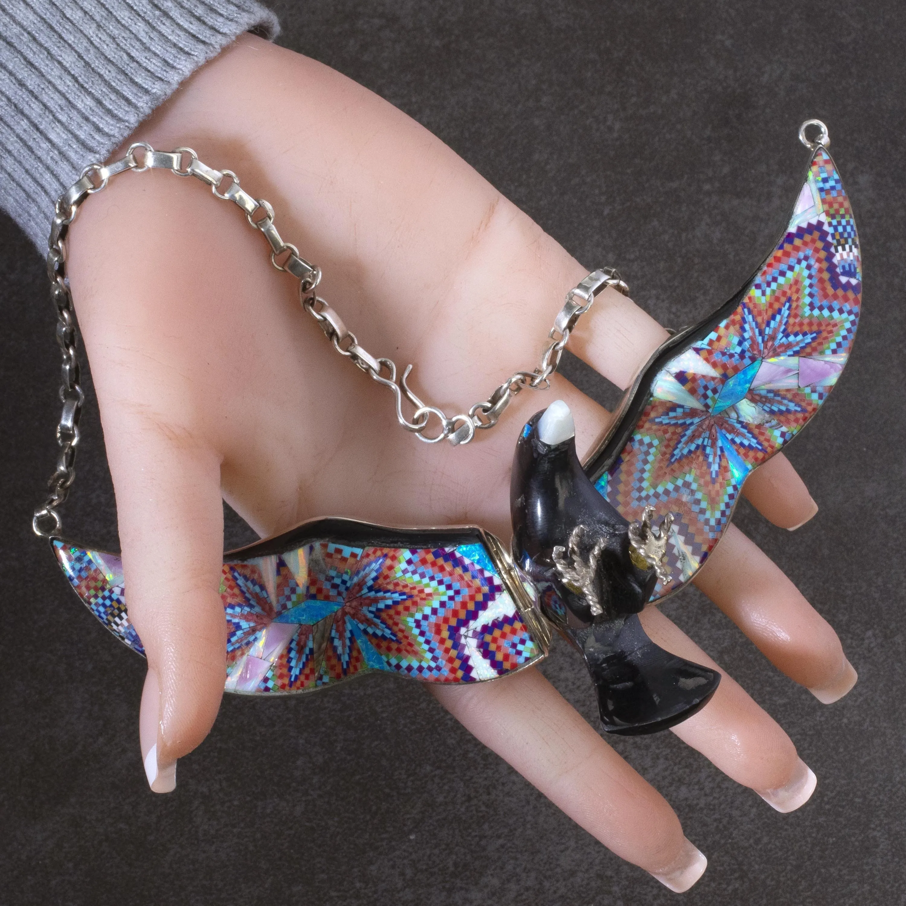 Black Jet Eagle with Multi Gem Opal Micro Inlay Wings Handmade 925 Sterling Silver Necklace