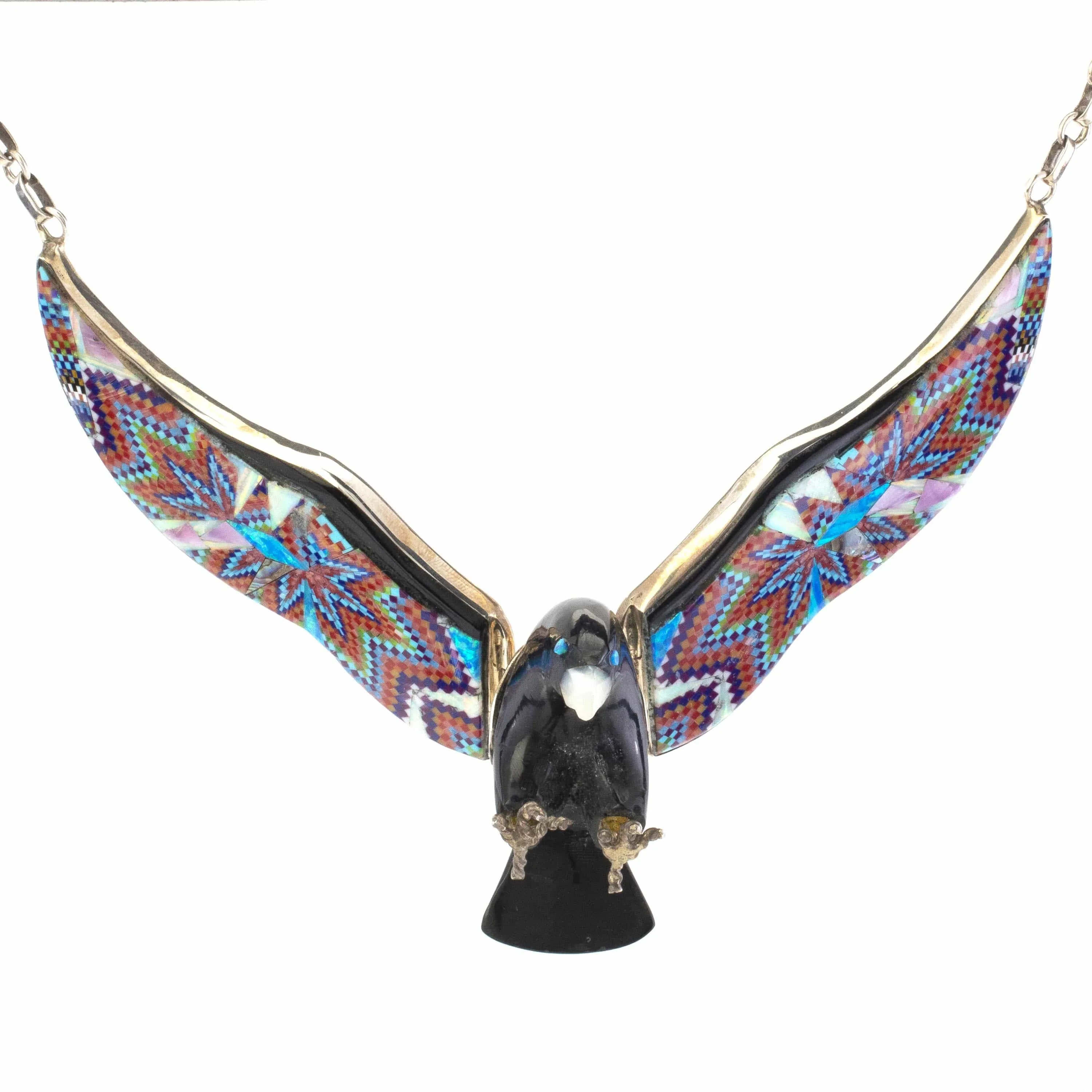 Black Jet Eagle with Multi Gem Opal Micro Inlay Wings Handmade 925 Sterling Silver Necklace