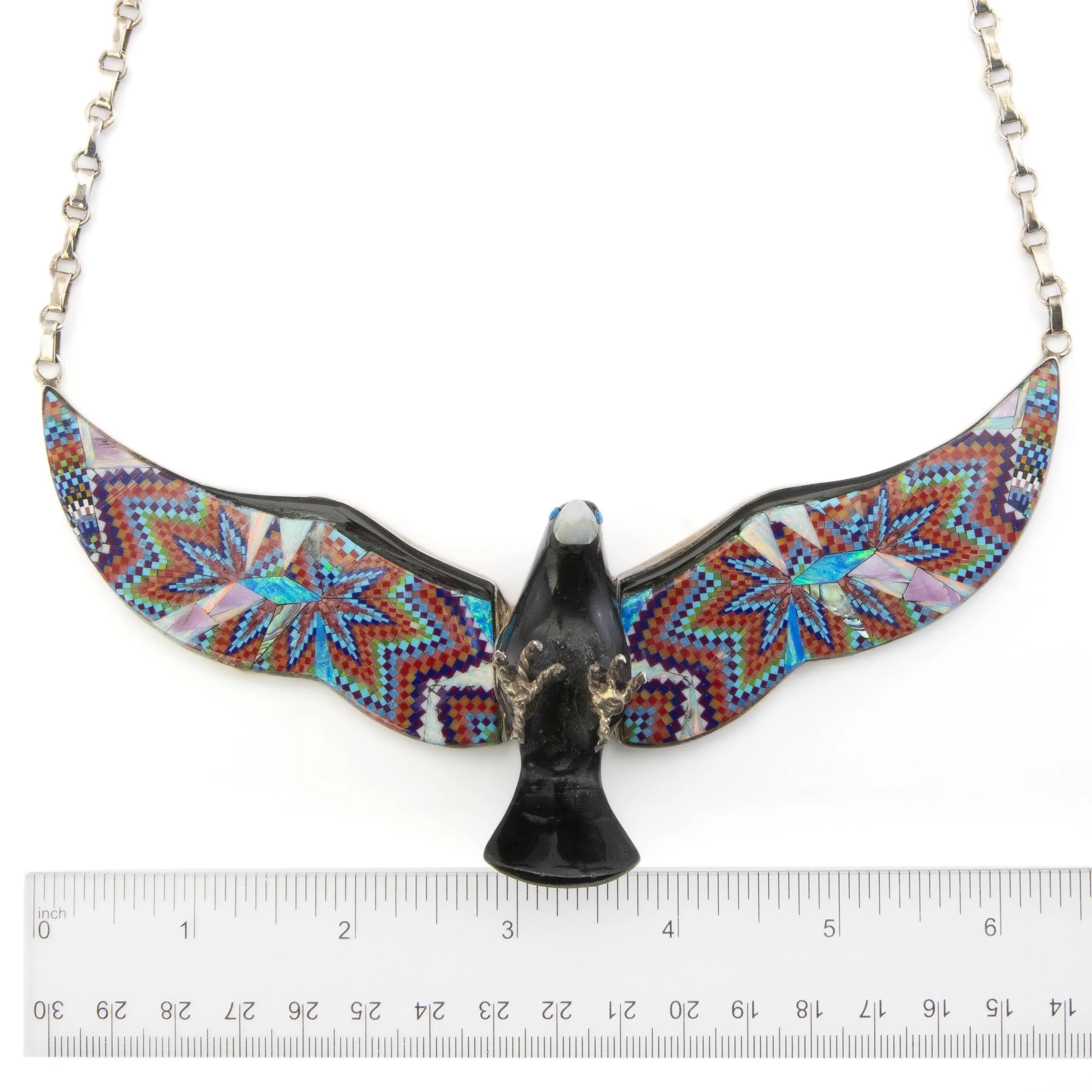 Black Jet Eagle with Multi Gem Opal Micro Inlay Wings Handmade 925 Sterling Silver Necklace