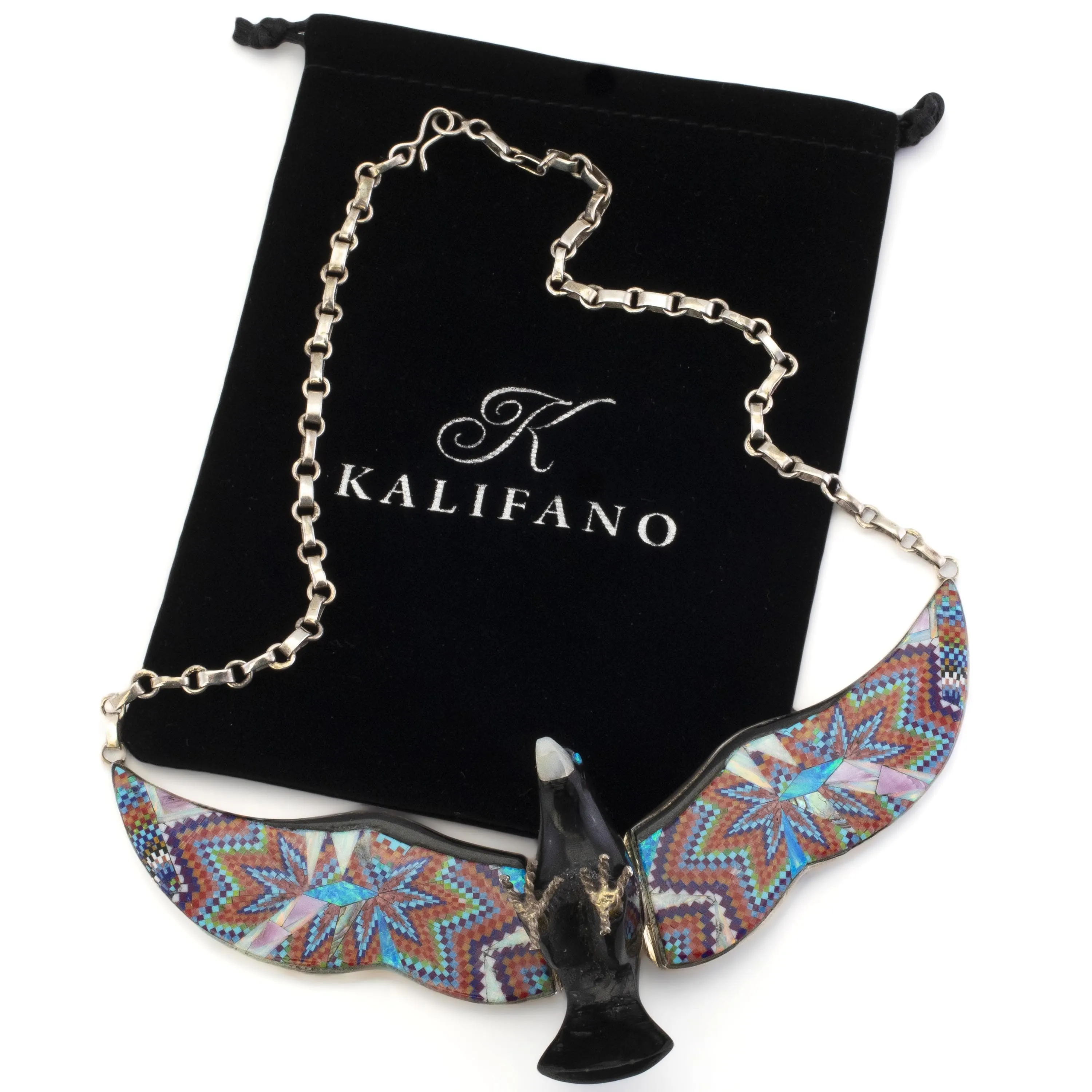 Black Jet Eagle with Multi Gem Opal Micro Inlay Wings Handmade 925 Sterling Silver Necklace