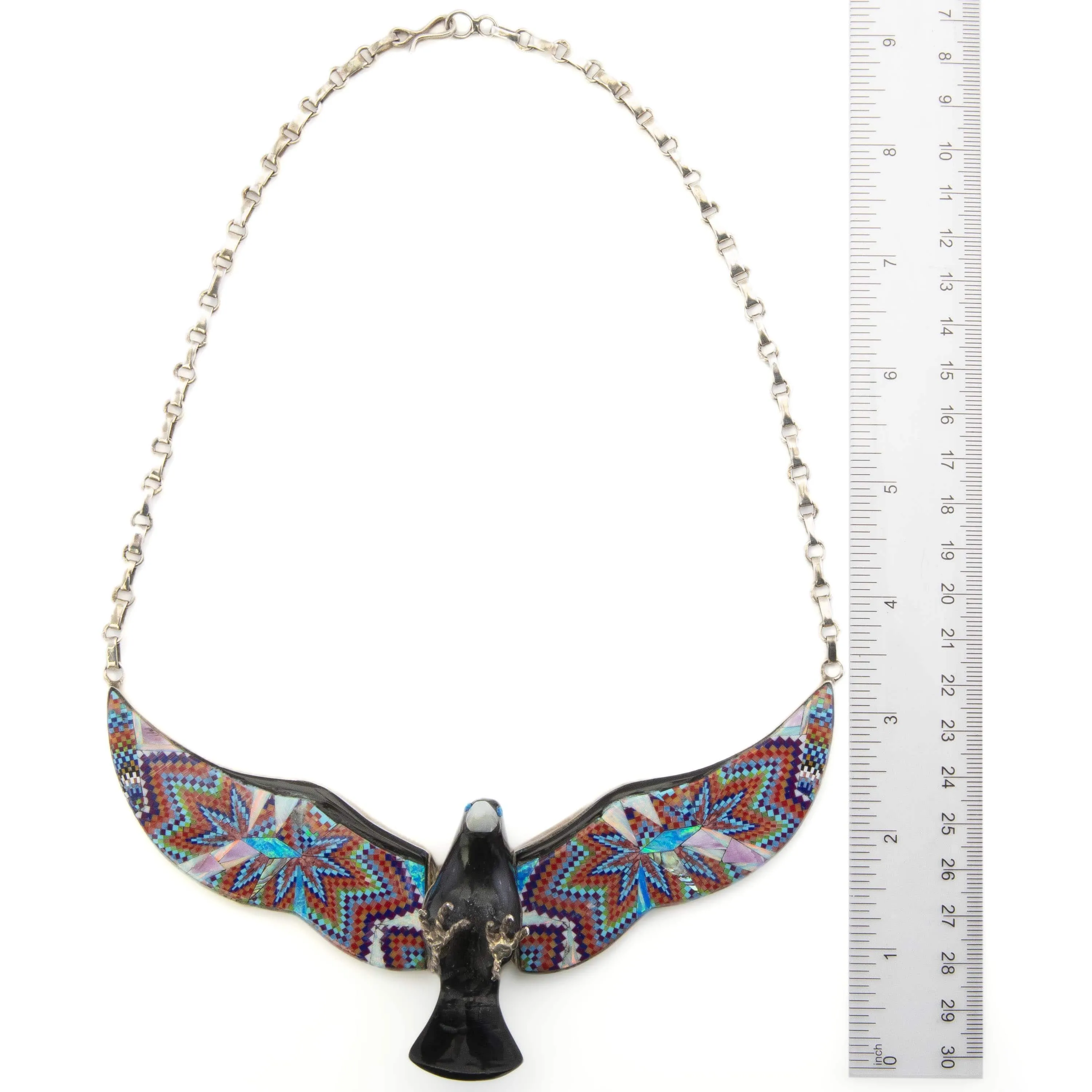 Black Jet Eagle with Multi Gem Opal Micro Inlay Wings Handmade 925 Sterling Silver Necklace