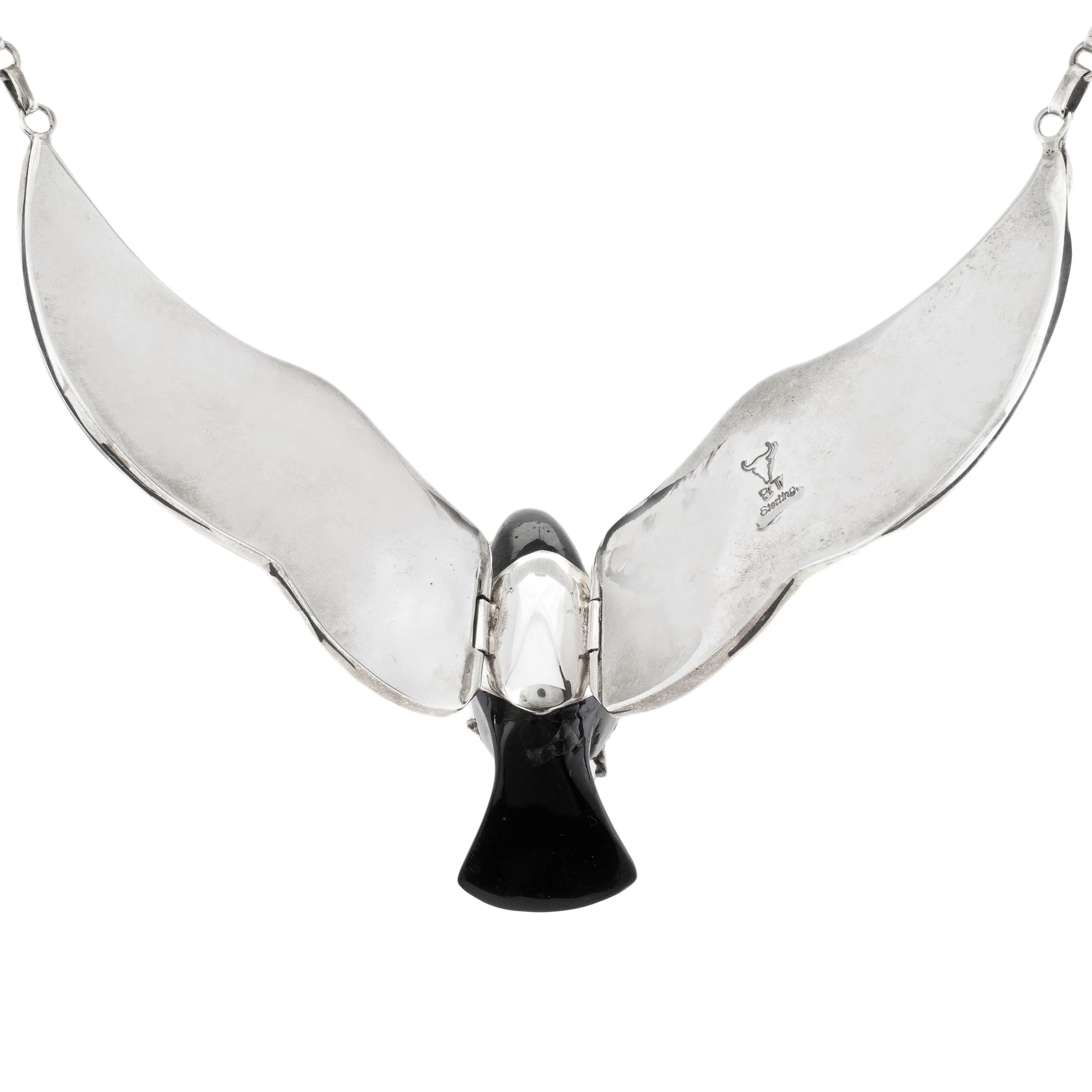 Black Jet Eagle with Multi Gem Opal Micro Inlay Wings Handmade 925 Sterling Silver Necklace