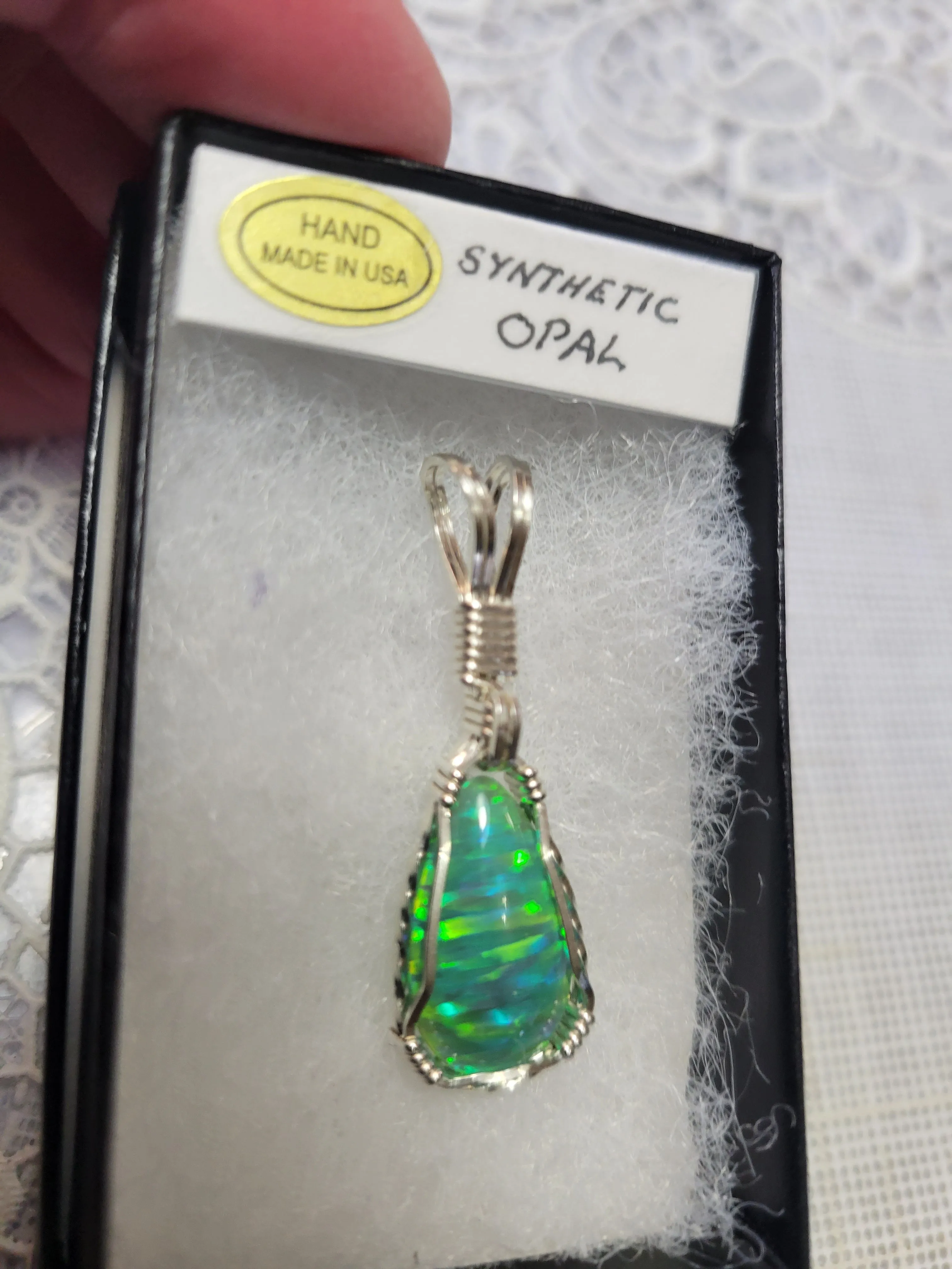 Custom Wire Wrapped Green Synthetic Opal Necklace/Pendant Sterling Silver