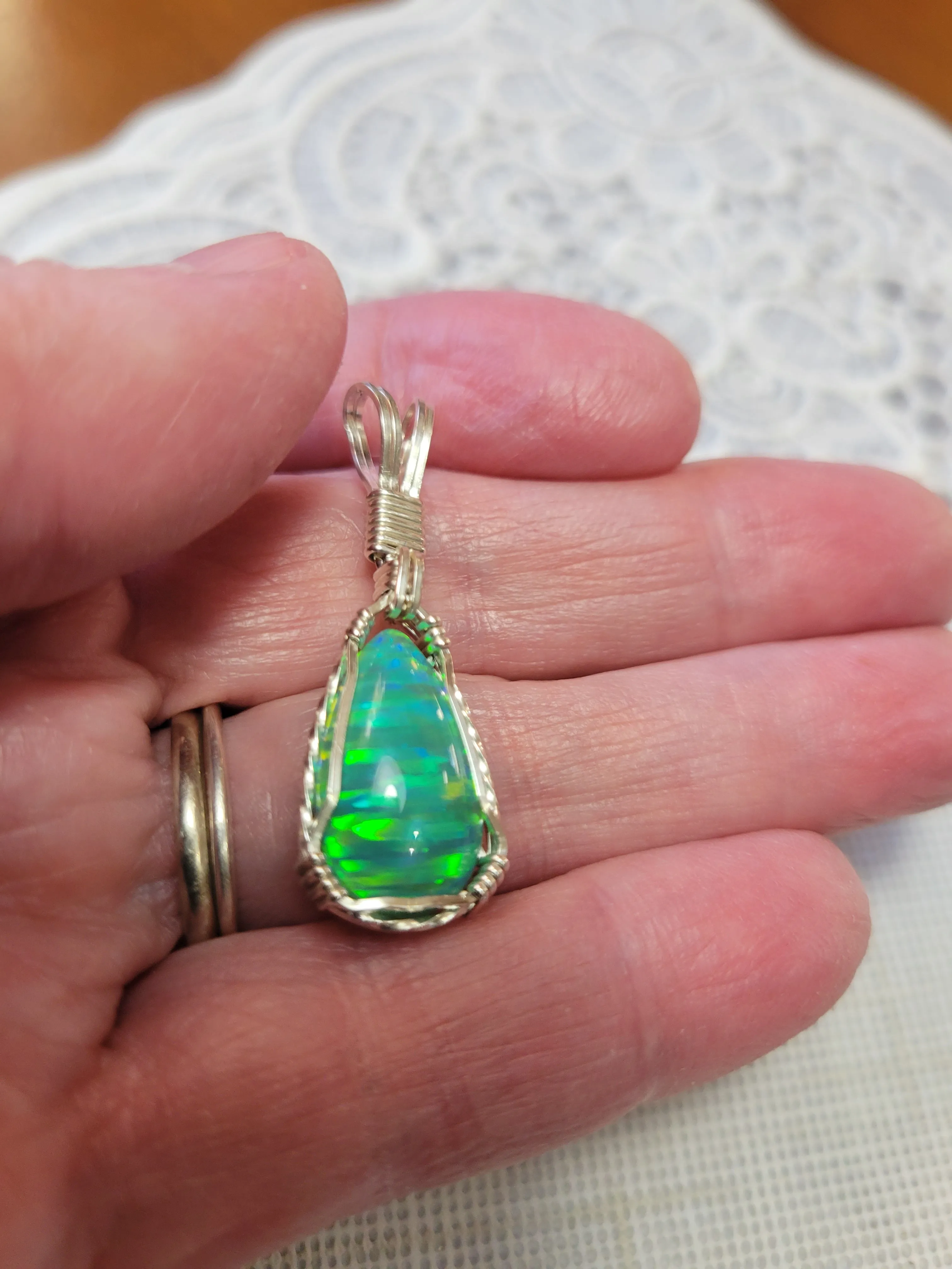 Custom Wire Wrapped Green Synthetic Opal Necklace/Pendant Sterling Silver
