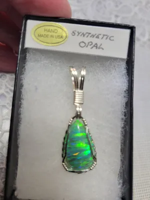 Custom Wire Wrapped Green Synthetic Opal Necklace/Pendant Sterling Silver