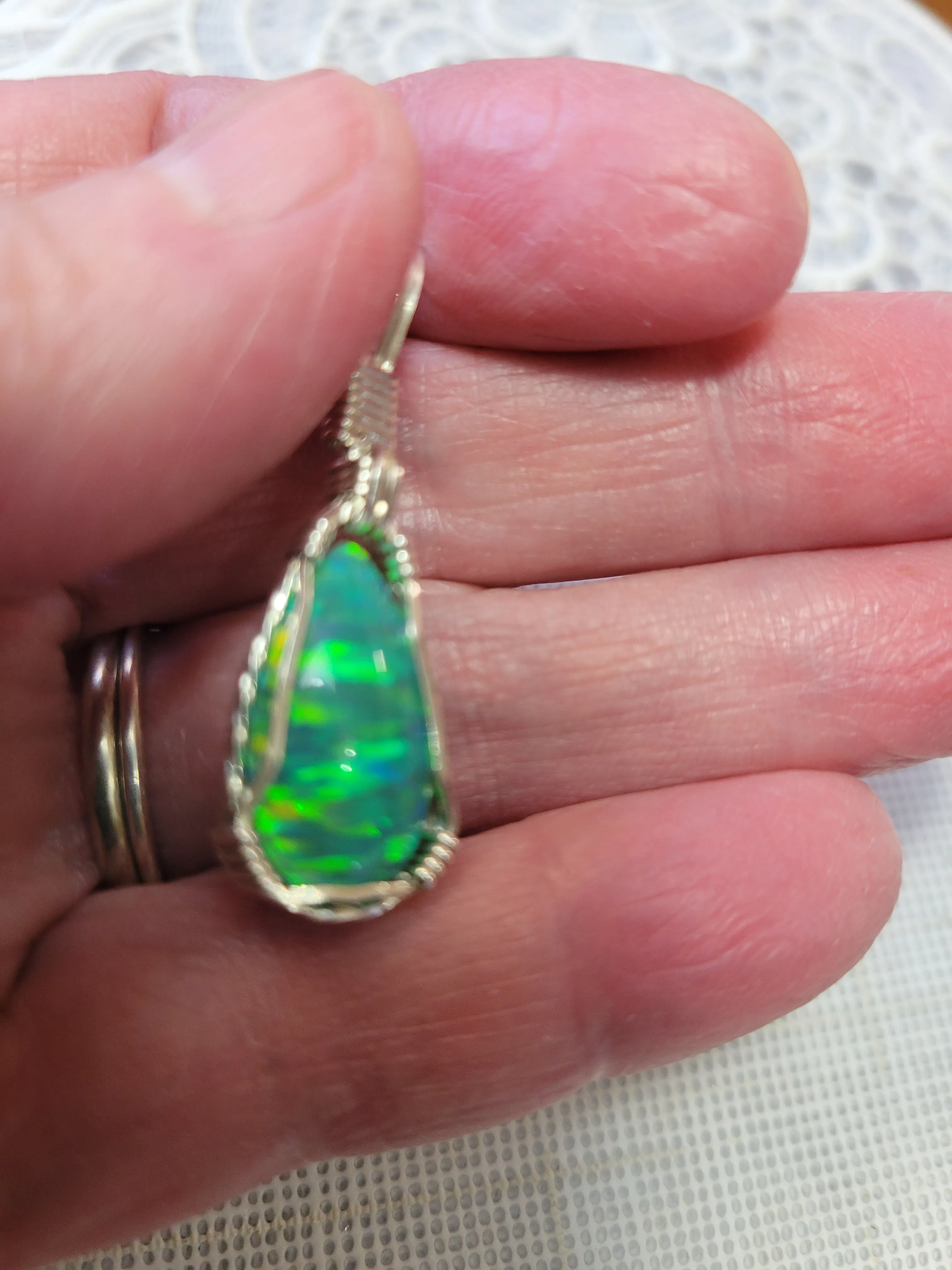 Custom Wire Wrapped Green Synthetic Opal Necklace/Pendant Sterling Silver