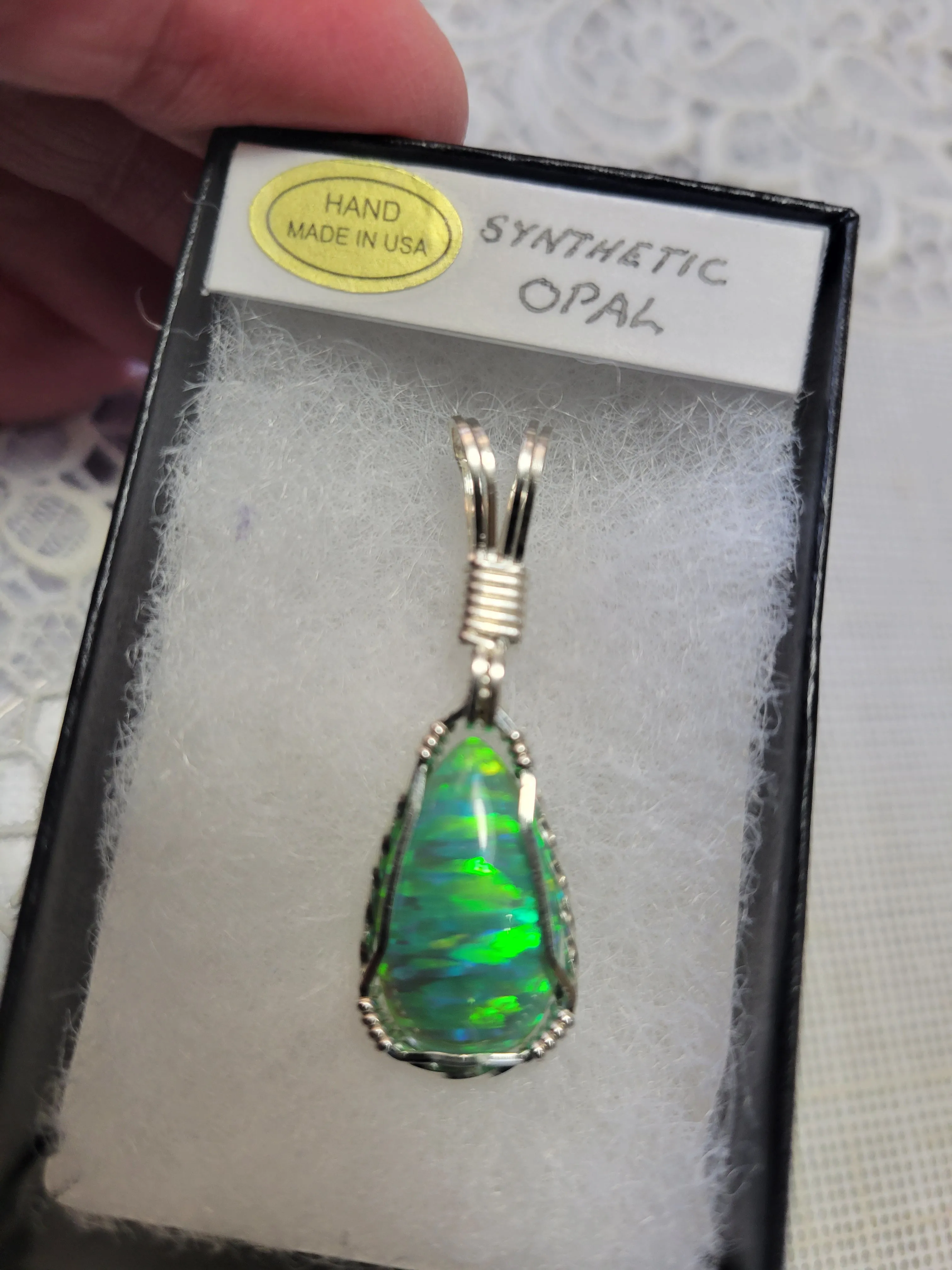 Custom Wire Wrapped Green Synthetic Opal Necklace/Pendant Sterling Silver