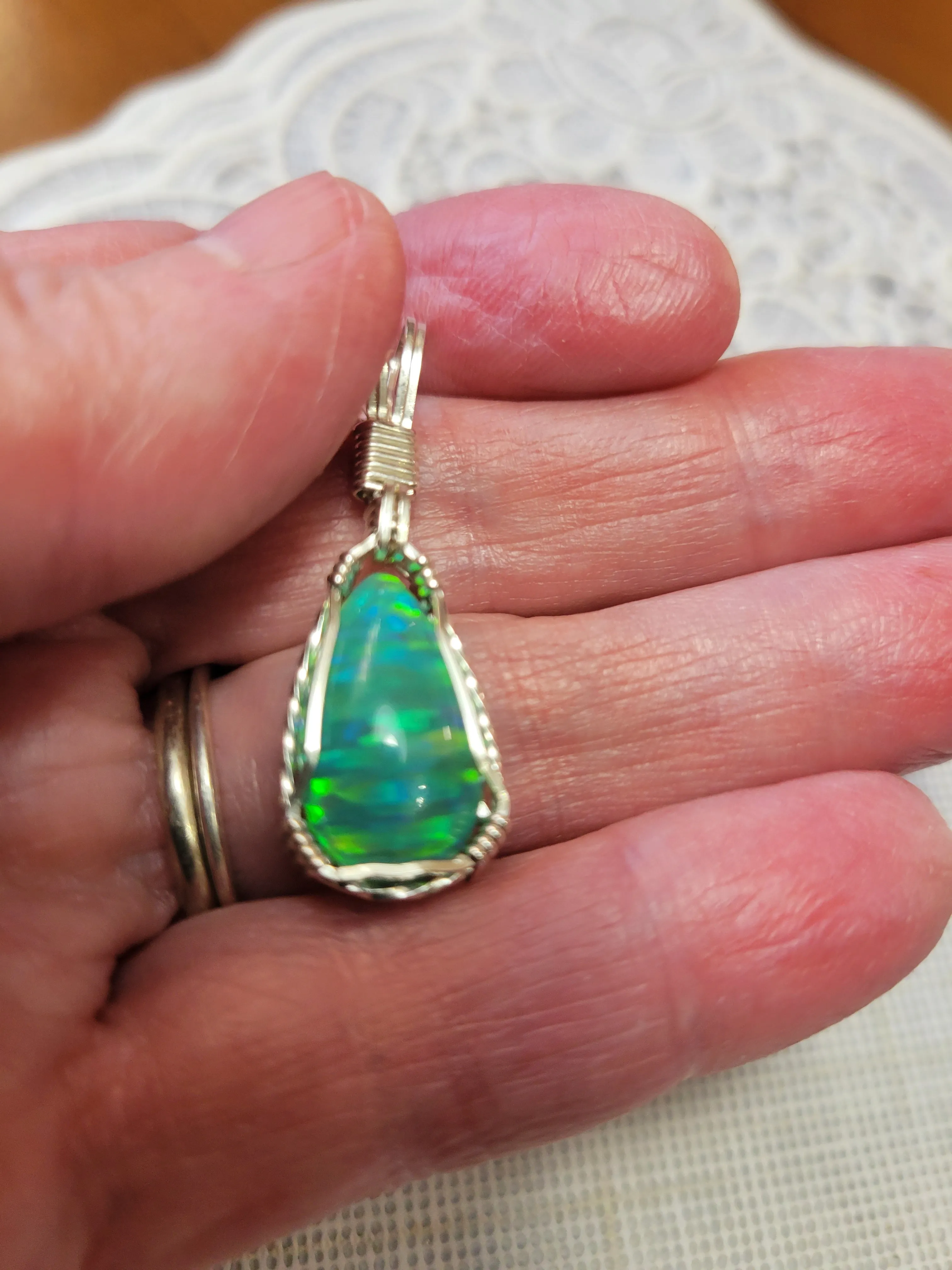 Custom Wire Wrapped Green Synthetic Opal Necklace/Pendant Sterling Silver