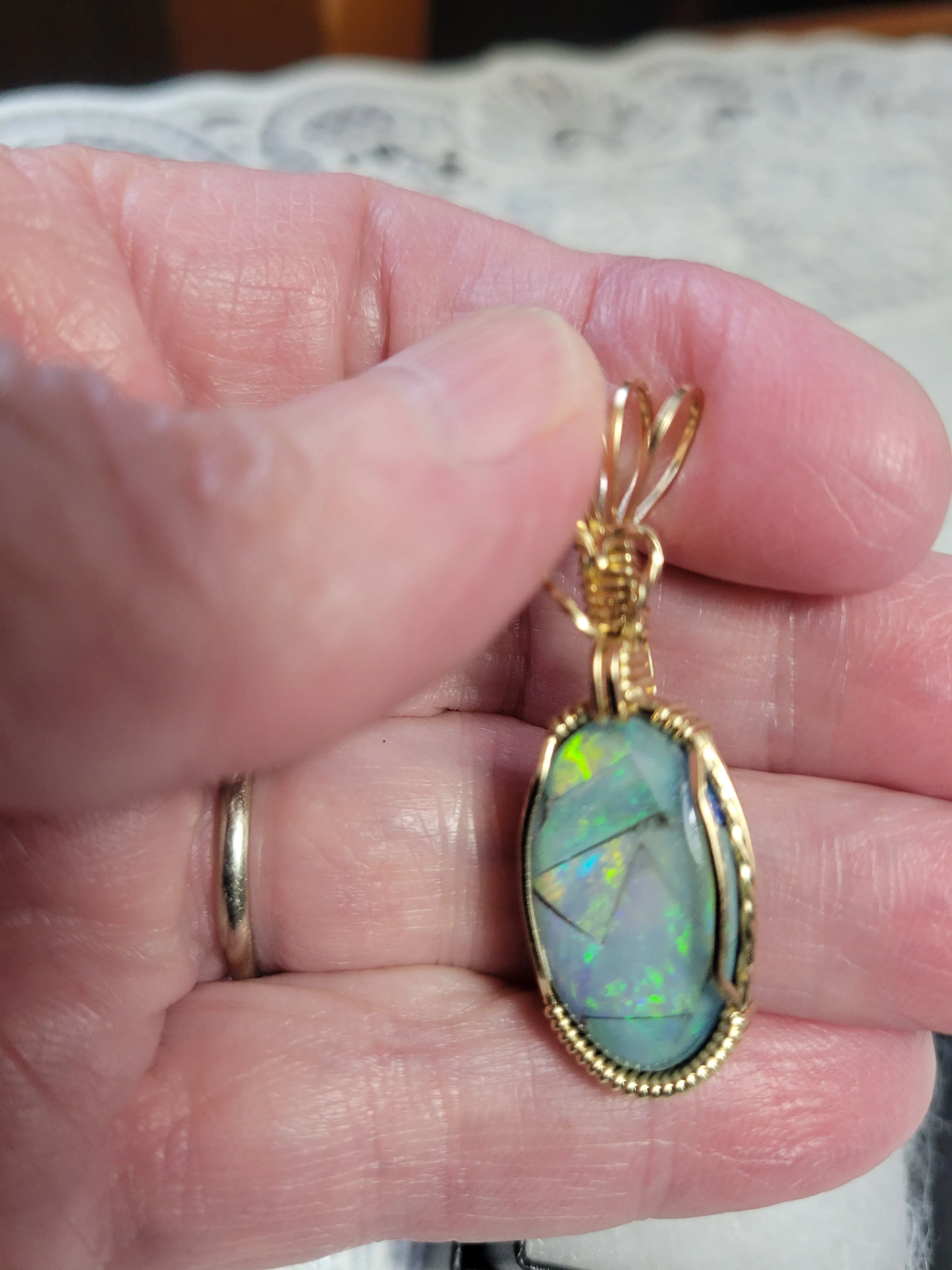 Custom Wire Wrapped Mosaic Australian Opal 8.5 ct. Necklace/Pendant 14kgf Wire One of a Kind