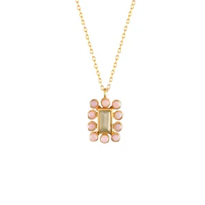 Delicate Vintage Emerald Cut Prenite and Pink Opal Drop Pendant Necklace Gold