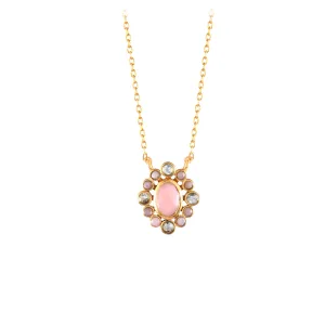 Delicate Vintage Pink Opal & Blue Topaz Cosmos Pendant Necklace in Gold