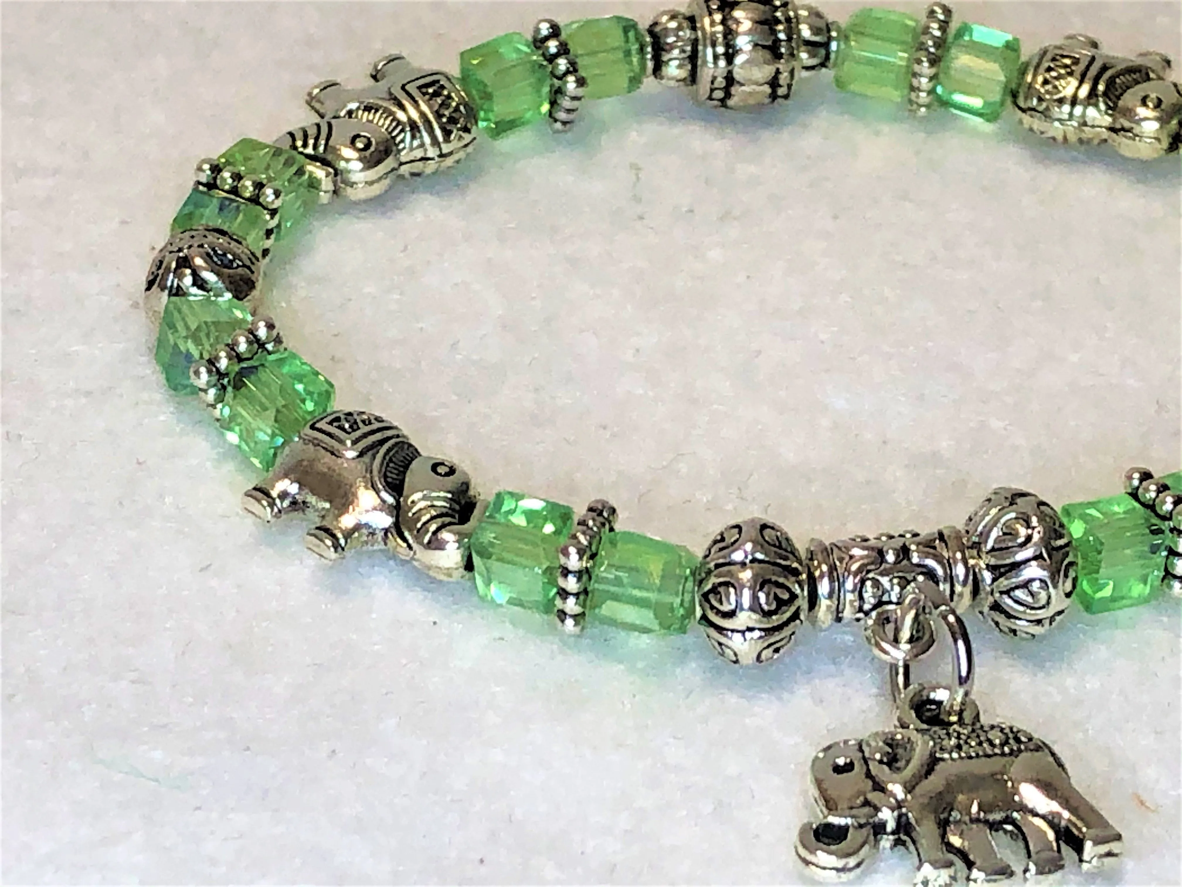 Elephant Stretch Bracelet - Crystal Bead Bracelet 13 COLORS - Peridot Green Crystal, Good Luck Strength and Wisdom Symbol