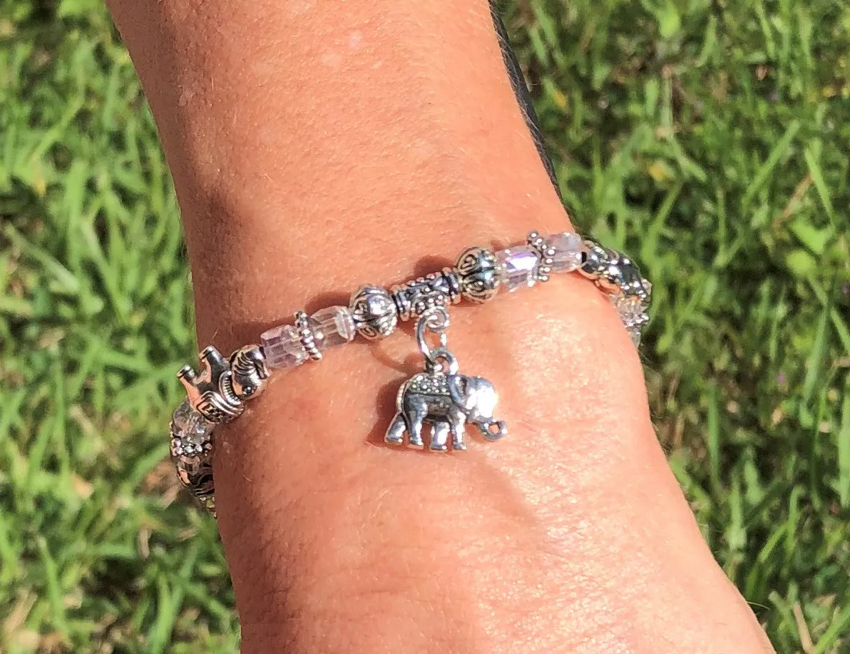 Elephant Stretch Bracelet - Crystal Bead Bracelet 13 COLORS - Peridot Green Crystal, Good Luck Strength and Wisdom Symbol