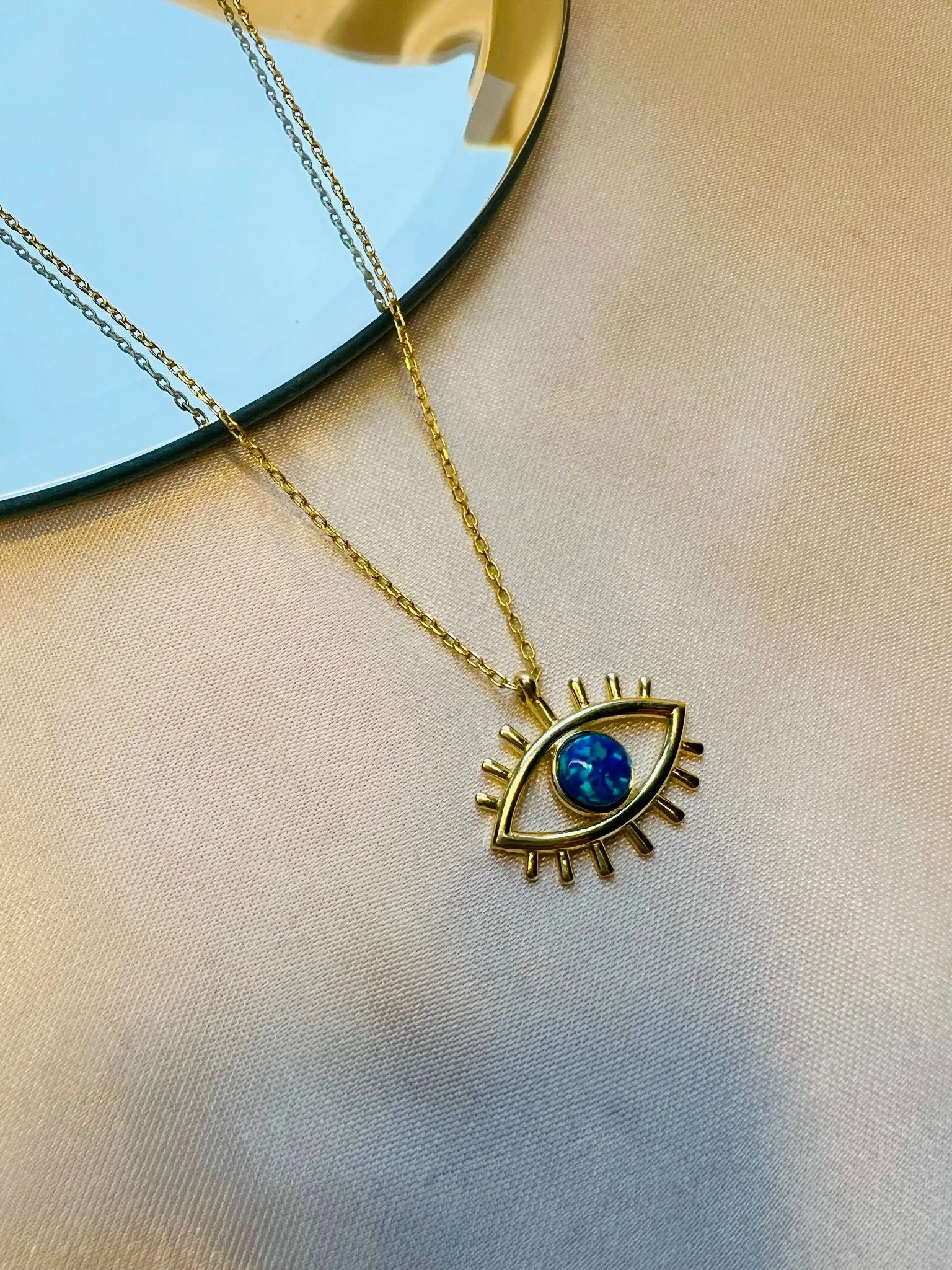Evil Eye Necklace | Gold Evil Eye Necklace | Ocean Blue Opal Necklace | Opal Cabochon Pendant | Minimalist Necklace | Mothers Day Gift