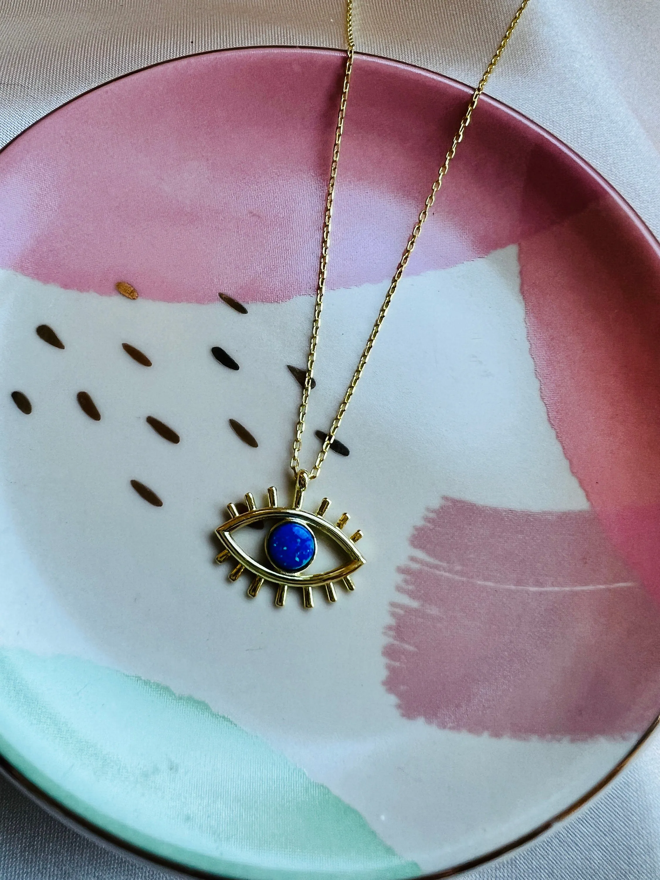 Evil Eye Necklace | Gold Evil Eye Necklace | Ocean Blue Opal Necklace | Opal Cabochon Pendant | Minimalist Necklace | Mothers Day Gift