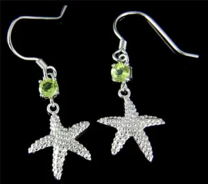 GENUINE PERIDOT SILVER 925 HAWAIIAN SEASTAR STARFISH WIRE HOOK EARRINGS RHODIUM (SFJ-29)