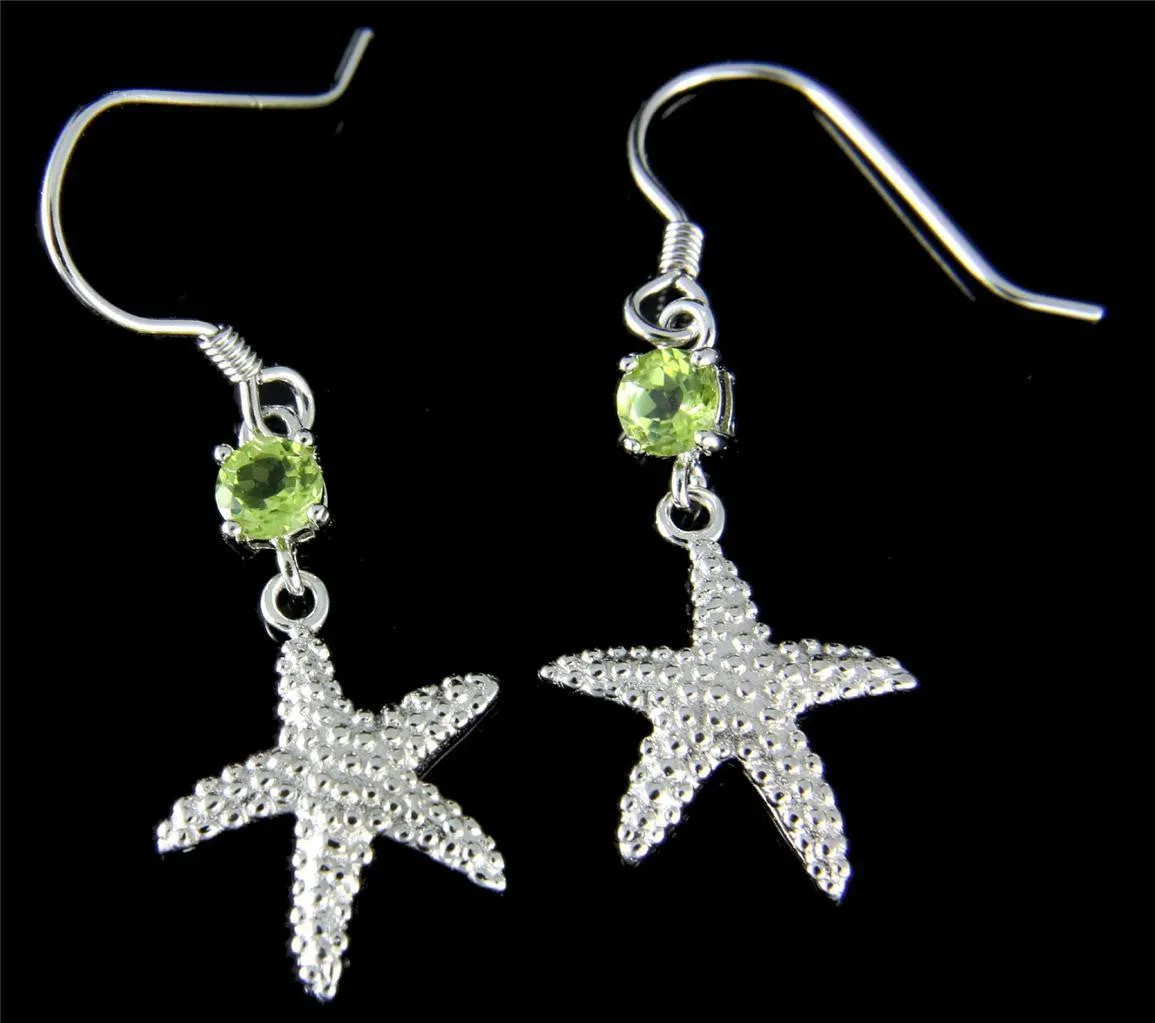 GENUINE PERIDOT SILVER 925 HAWAIIAN SEASTAR STARFISH WIRE HOOK EARRINGS RHODIUM (SFJ-29)