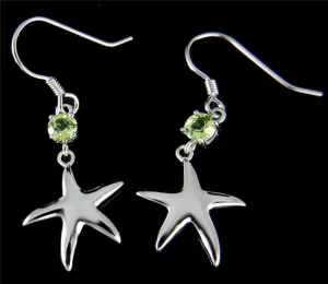 GENUINE PERIDOT SILVER 925 HAWAIIAN SHINY SEASTAR STARFISH HOOK EARRINGS RHODIUM (SFJ-28)