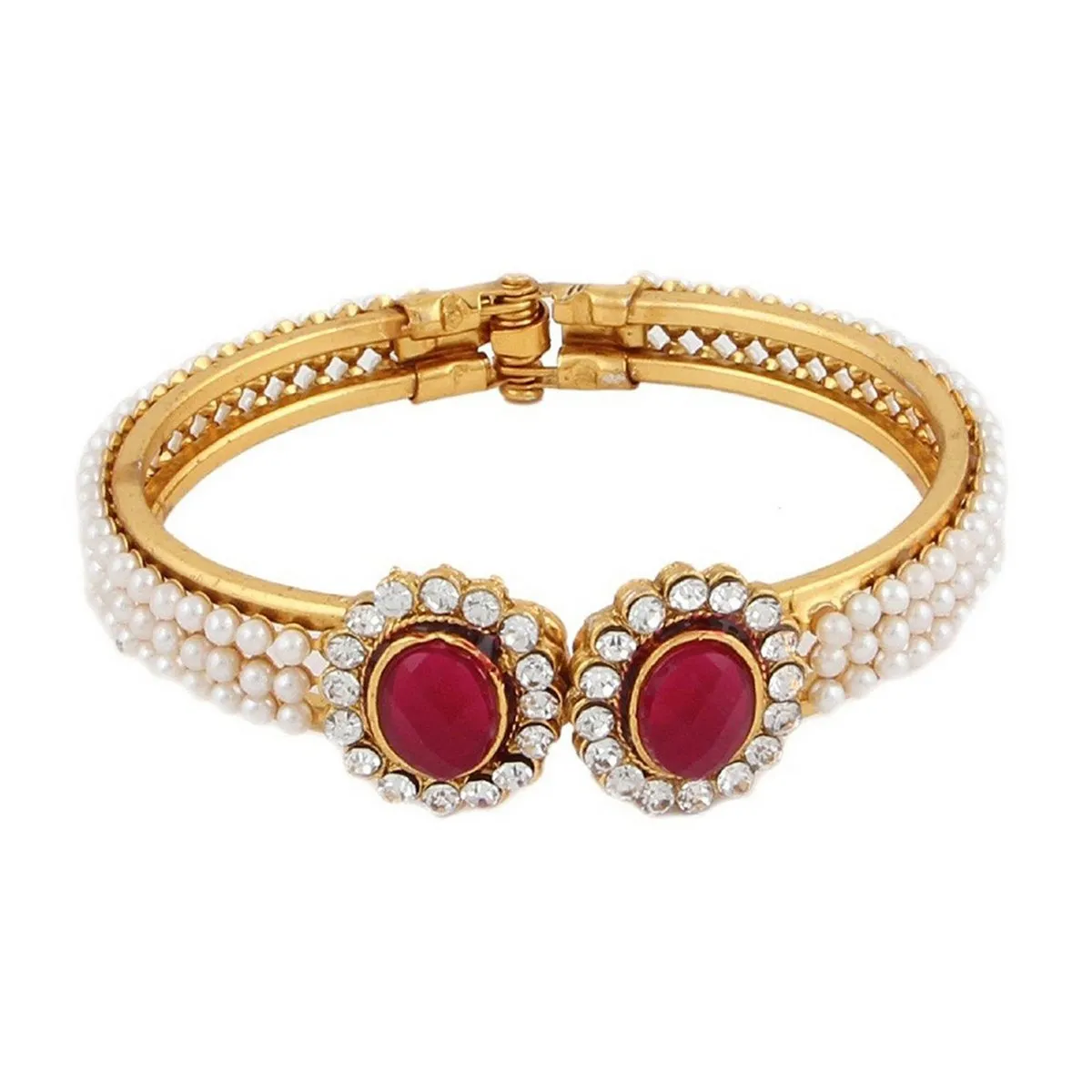 Gold Plated Ruby Red Pearl Cz Openable Bracelet For Women