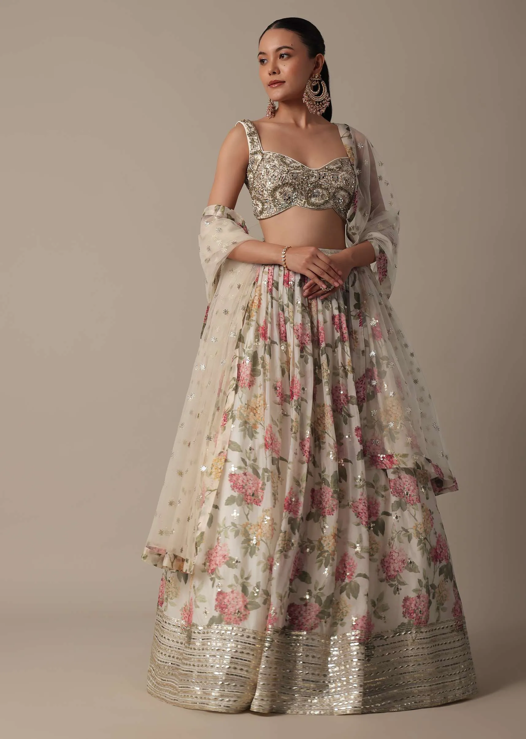 Graceful White Floral Print Lehenga Choli Set