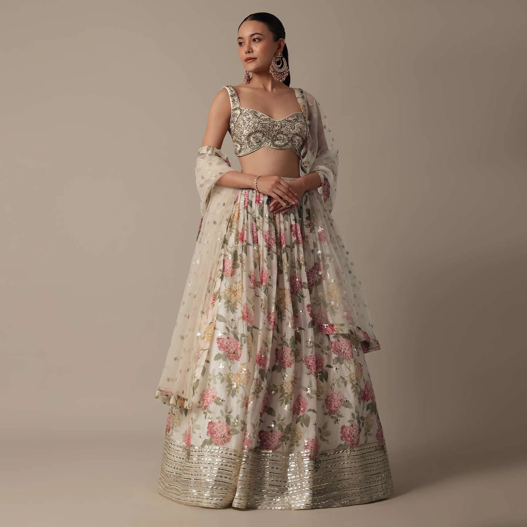 Graceful White Floral Print Lehenga Choli Set