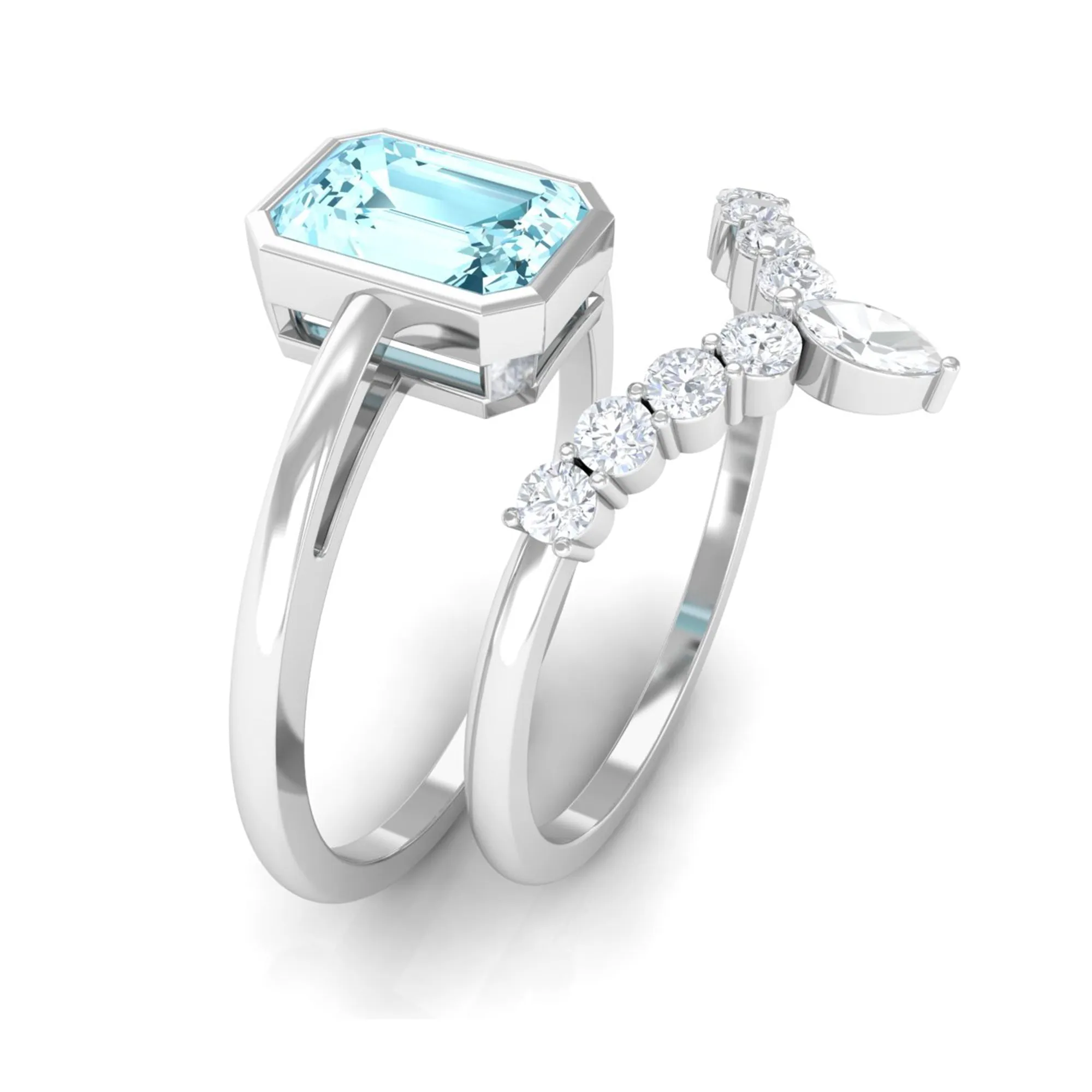 Natural Aquamarine Solitaire Ring Set with Diamond