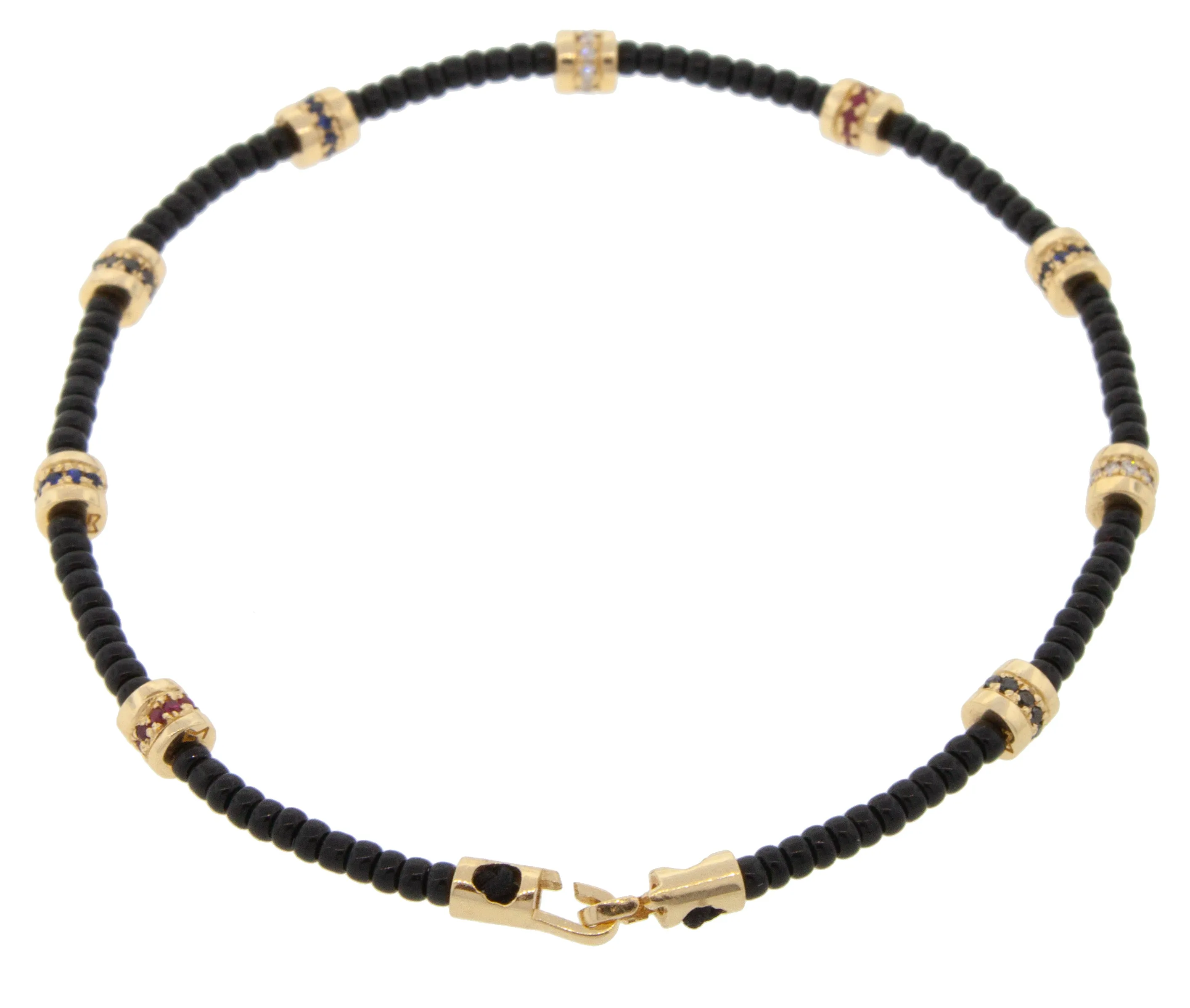 Nine Diamond, Sapphire, and Ruby Short Roll Beads on Bead Bracelet with Clasp