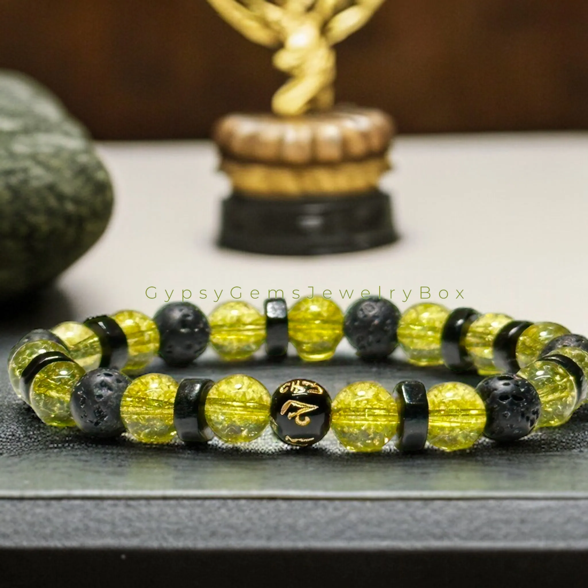 Peridot   OHM Mantra Prayer Focus Bead   Lava Stone   Ebony Wood Custom Size Round Smooth Stretch (8mm) Natural Gemstone Crystal Energy Bead Bracelet