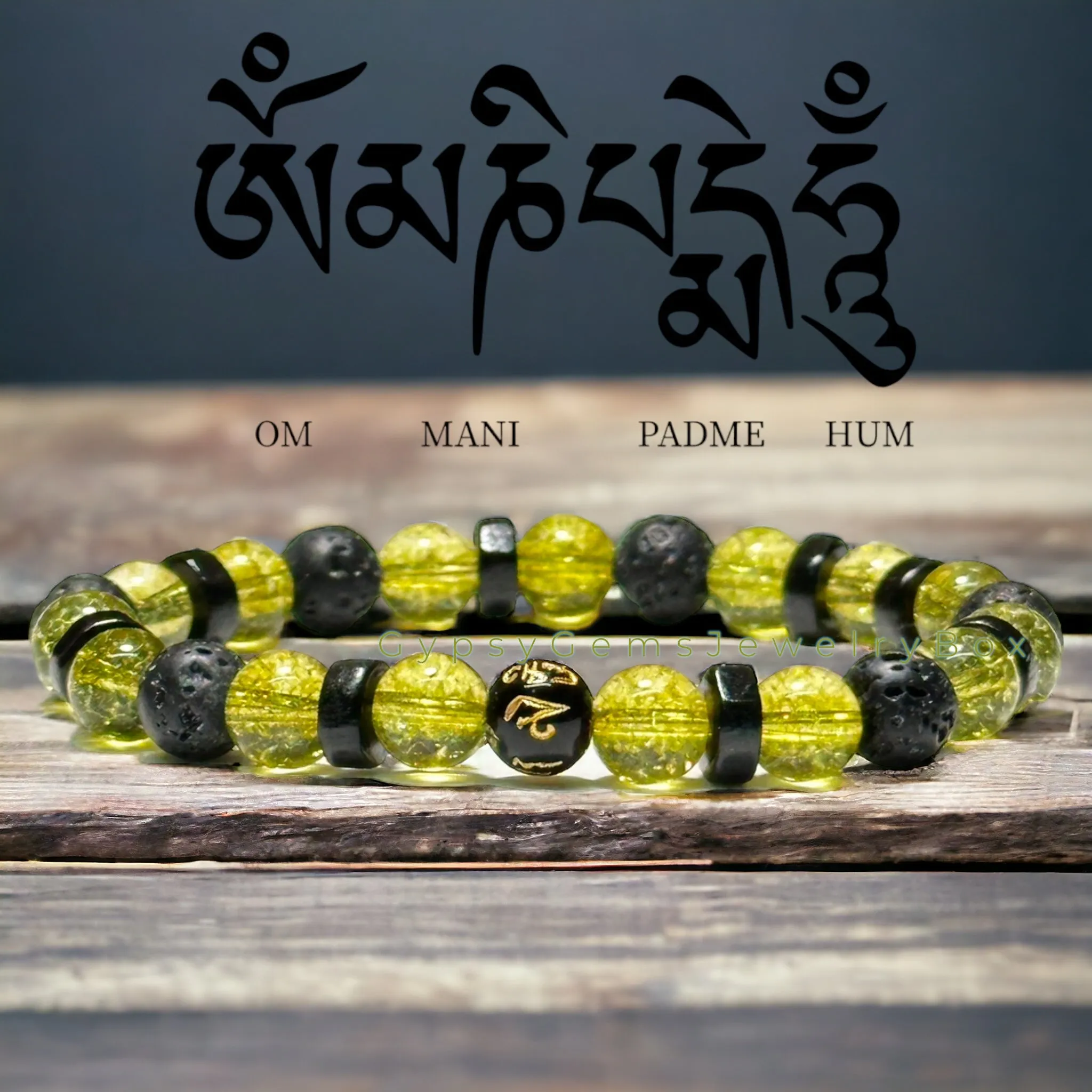 Peridot   OHM Mantra Prayer Focus Bead   Lava Stone   Ebony Wood Custom Size Round Smooth Stretch (8mm) Natural Gemstone Crystal Energy Bead Bracelet