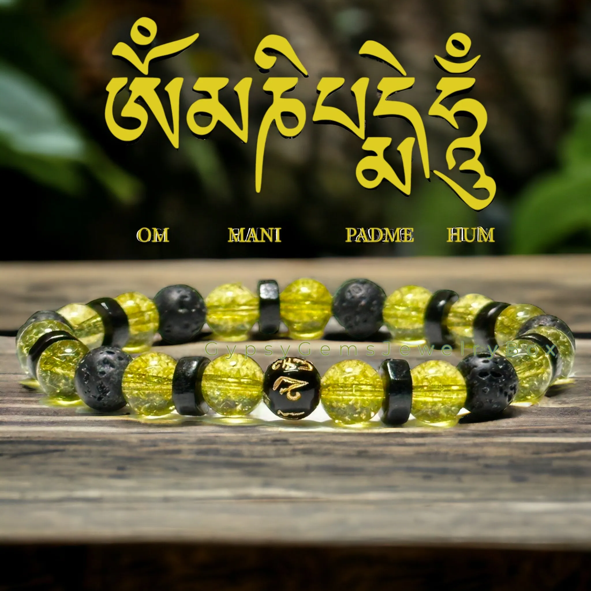 Peridot   OHM Mantra Prayer Focus Bead   Lava Stone   Ebony Wood Custom Size Round Smooth Stretch (8mm) Natural Gemstone Crystal Energy Bead Bracelet