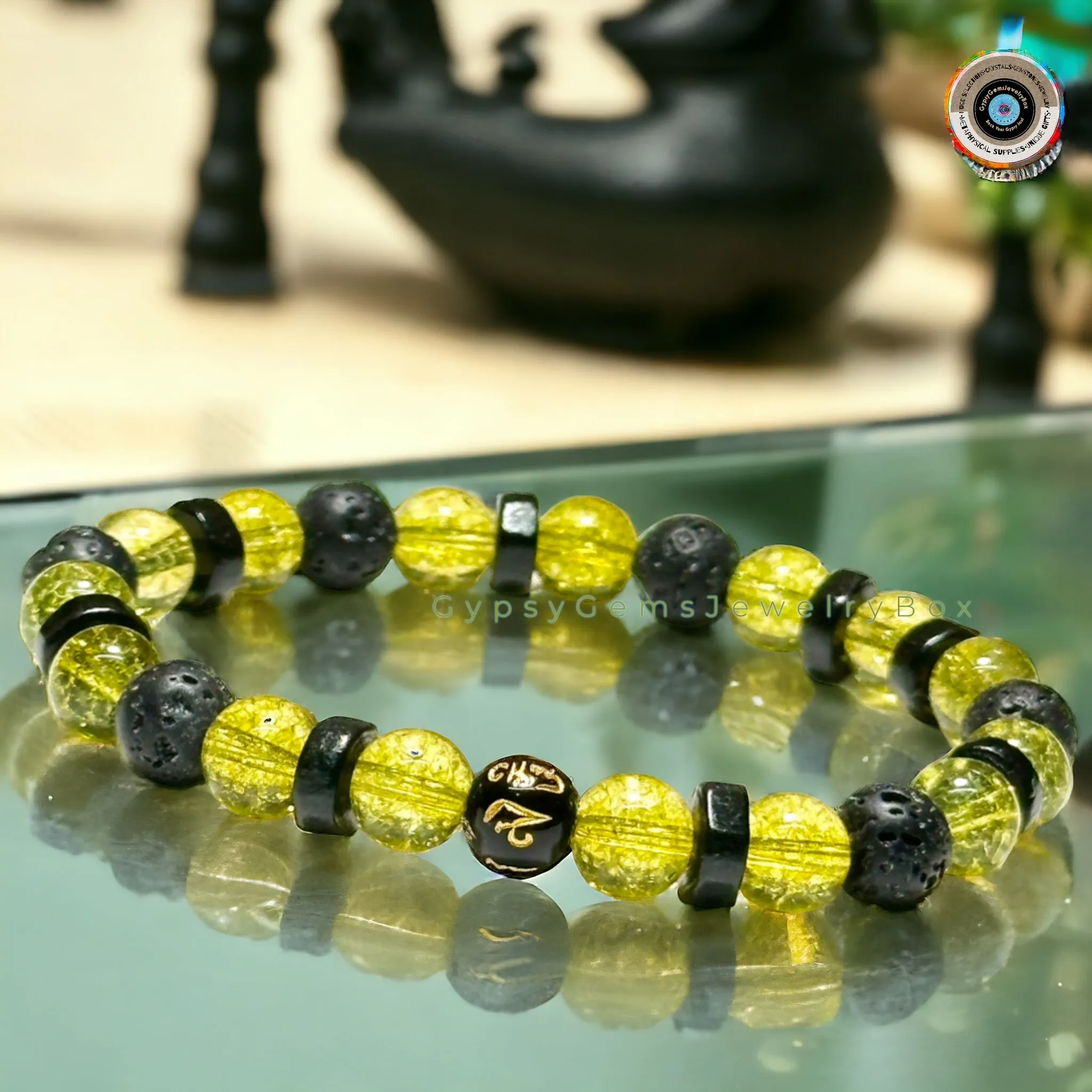 Peridot   OHM Mantra Prayer Focus Bead   Lava Stone   Ebony Wood Custom Size Round Smooth Stretch (8mm) Natural Gemstone Crystal Energy Bead Bracelet