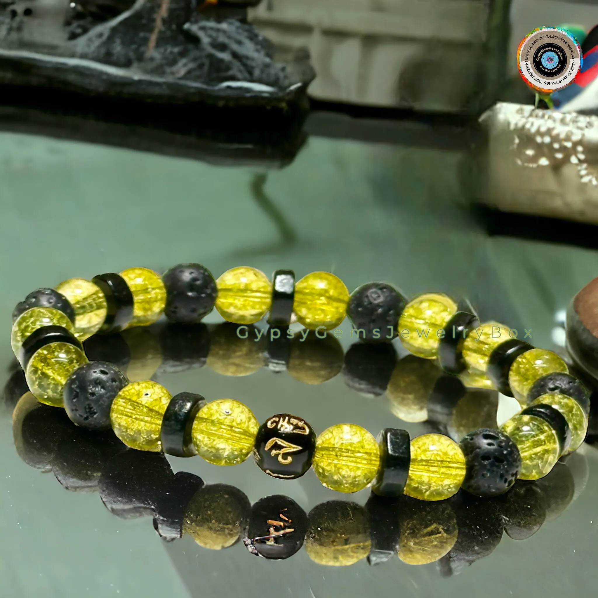 Peridot   OHM Mantra Prayer Focus Bead   Lava Stone   Ebony Wood Custom Size Round Smooth Stretch (8mm) Natural Gemstone Crystal Energy Bead Bracelet