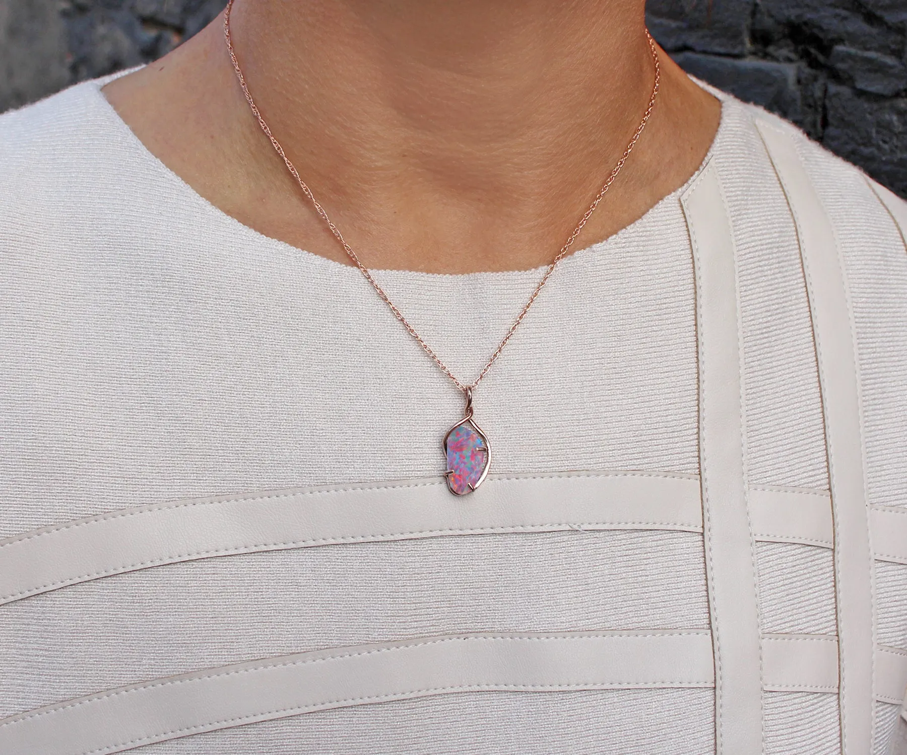 Pink Opal Rose Gold Ribbon Necklace