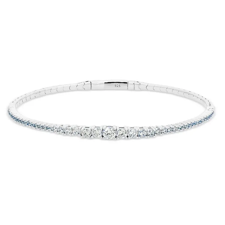 platinum finish sterling silver single row flexible bracelet with small graduated simulated diamonds